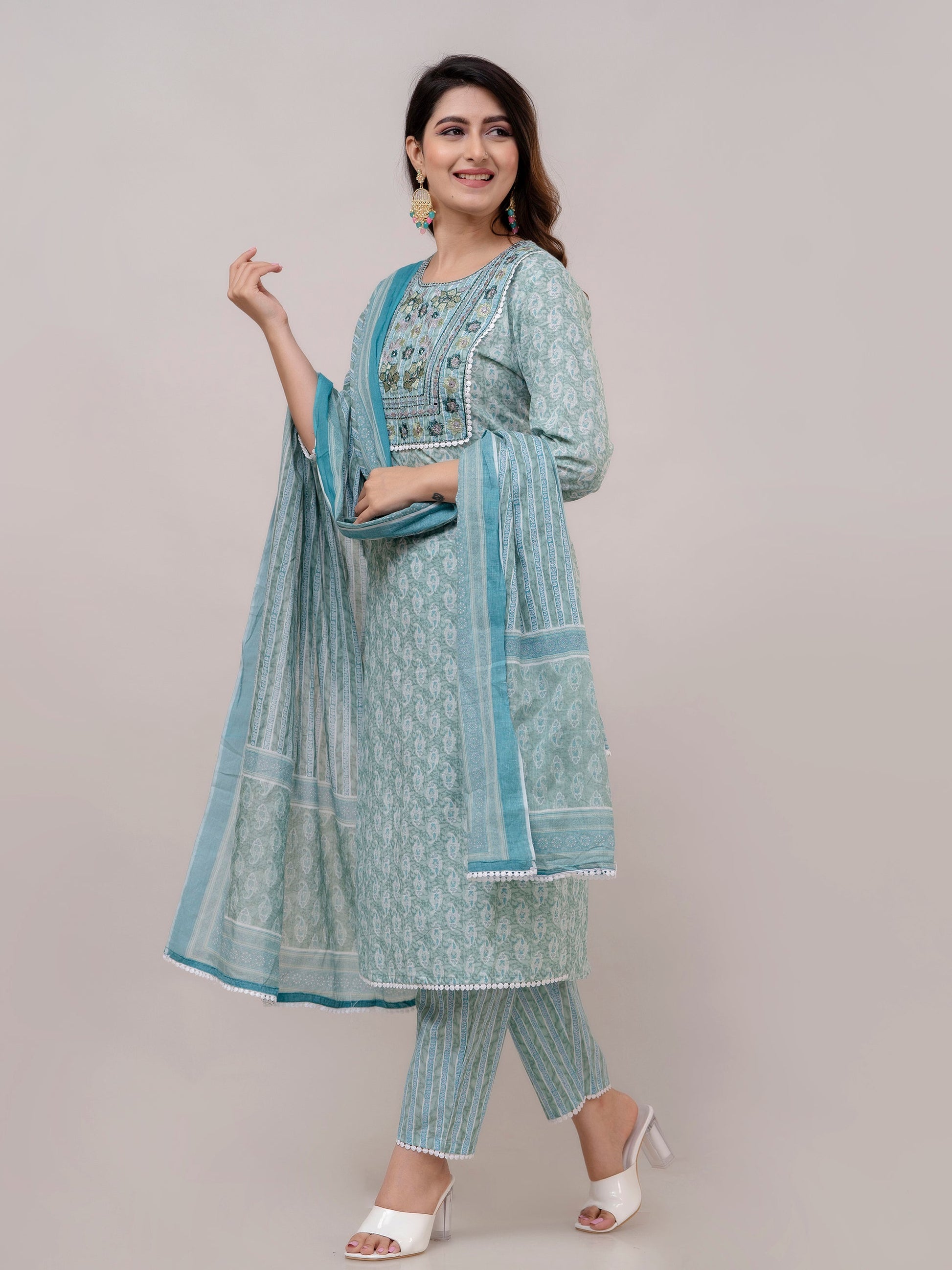 Teal Floral Print with Yoke Design A-Line Kurta with Trousers & Dupatta