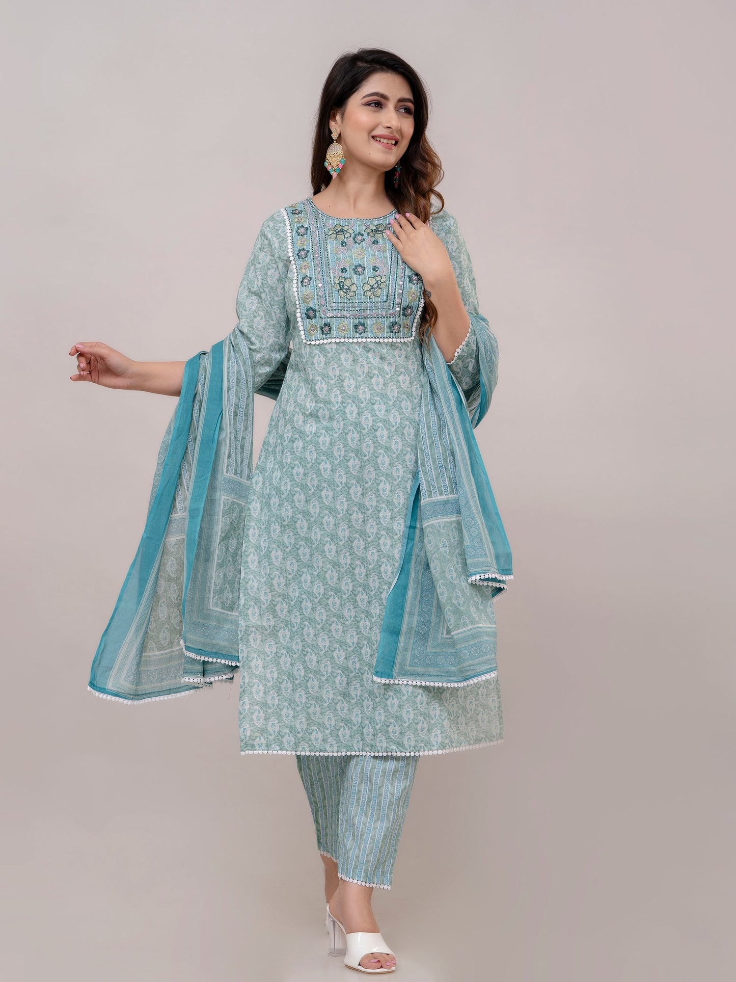 Teal Floral Print with Yoke Design A-Line Kurta with Trousers & Dupatta