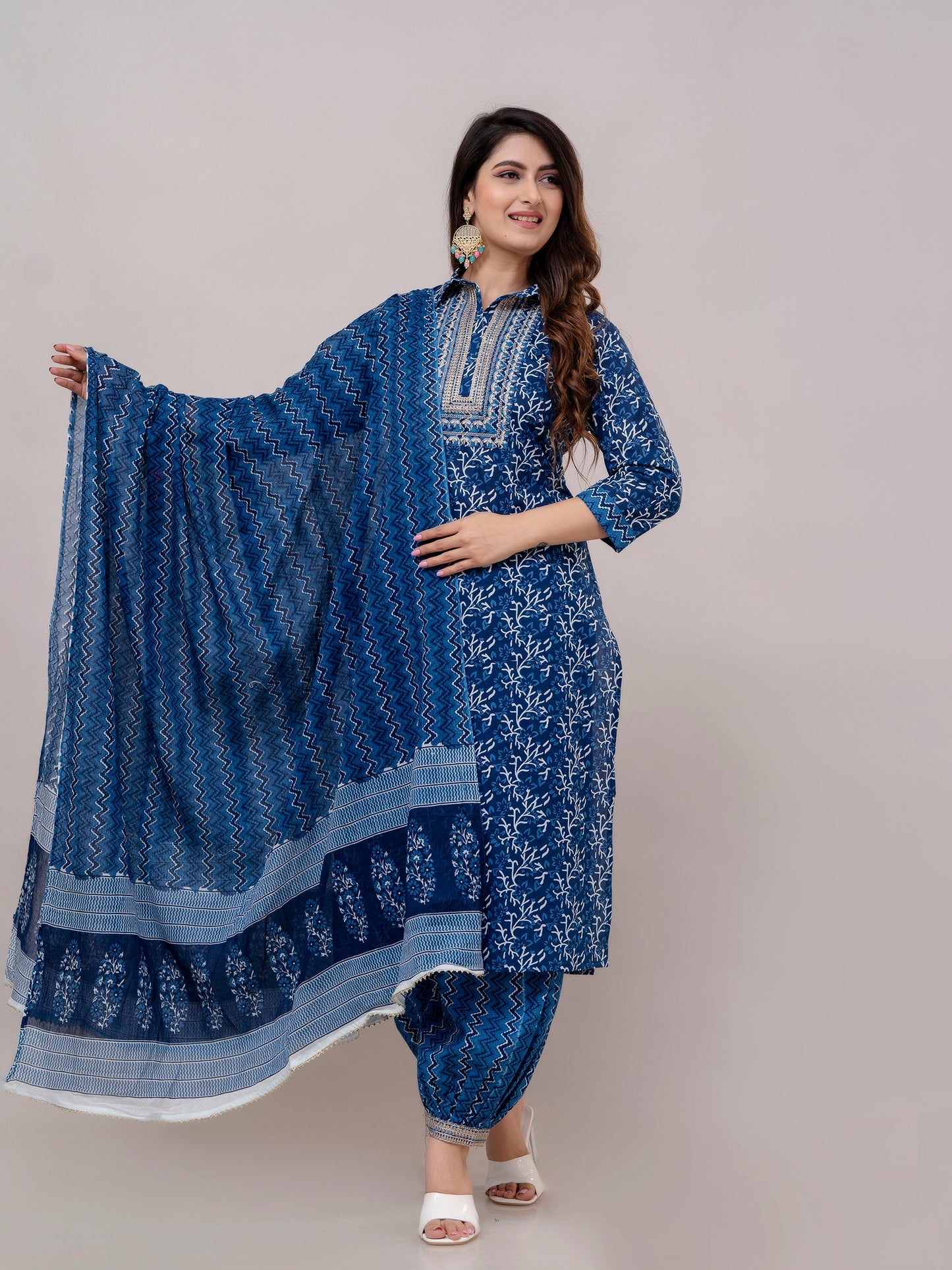 Women Navy Sequinned Yoke Design Kurta with Pyjamas & Dupatta