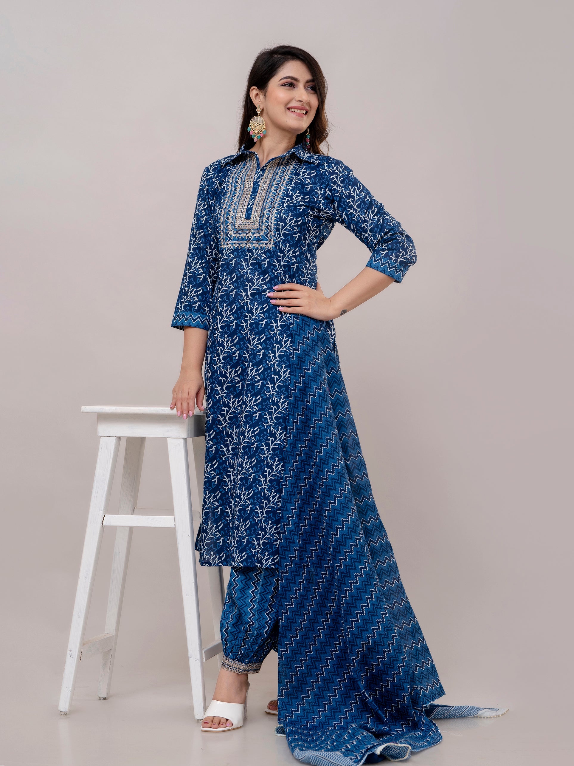 Women Navy Sequinned Yoke Design Kurta with Pyjamas & Dupatta