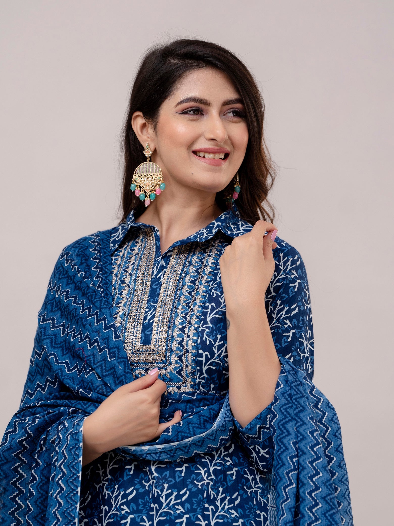 Women Navy Sequinned Yoke Design Kurta with Pyjamas & Dupatta