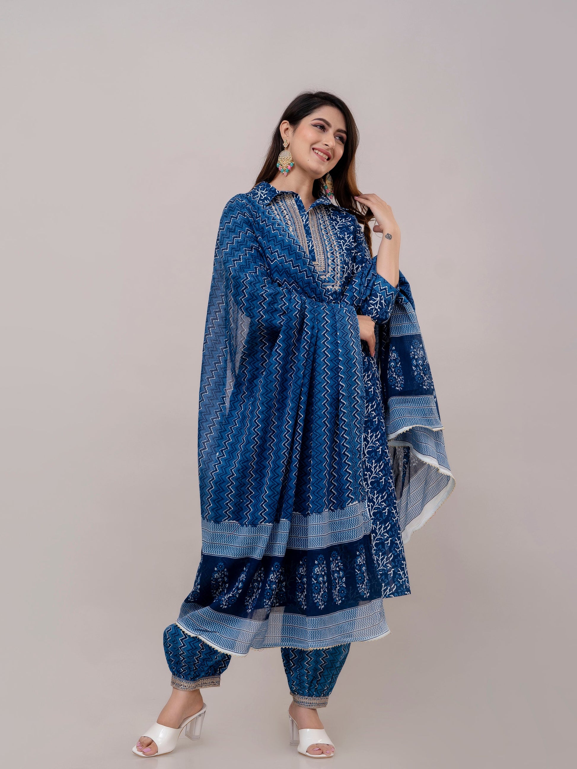 Women Navy Sequinned Yoke Design Kurta with Pyjamas & Dupatta