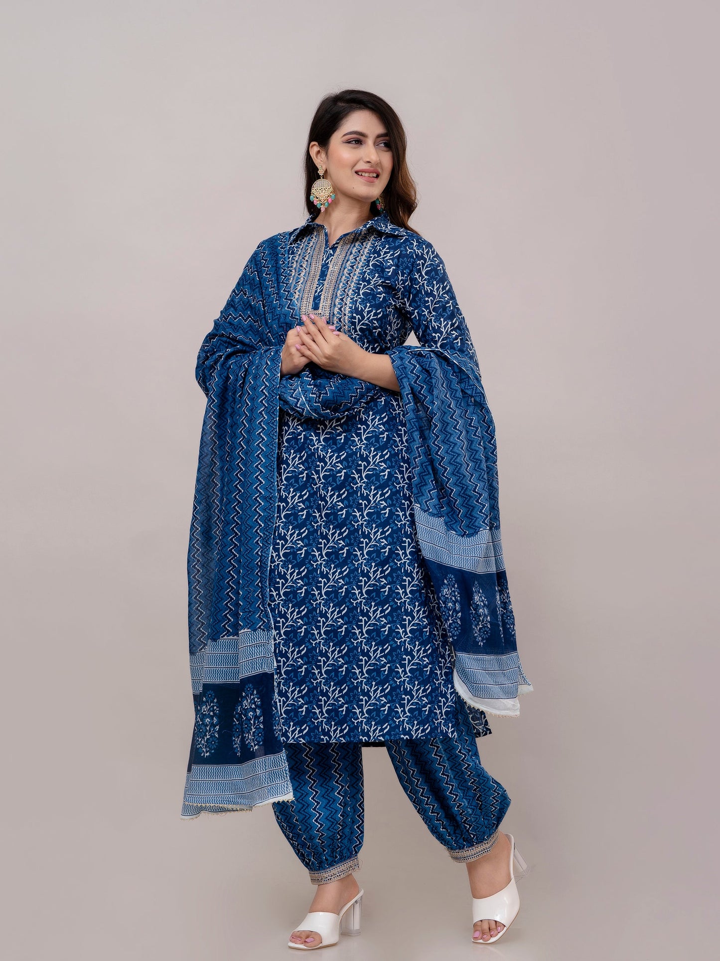 Women Navy Sequinned Yoke Design Kurta with Pyjamas & Dupatta