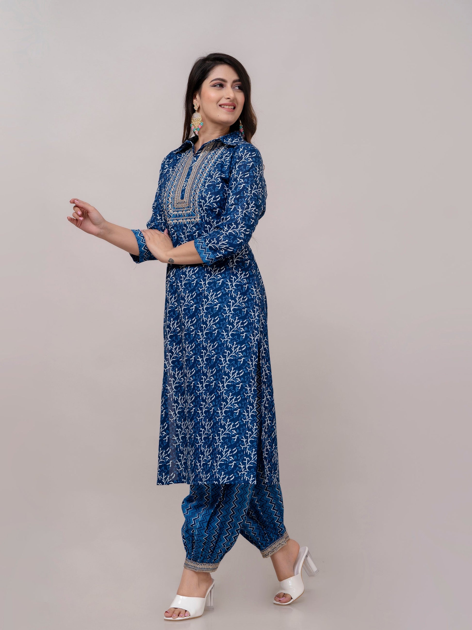 Women Navy Sequinned Yoke Design Kurta with Pyjamas & Dupatta