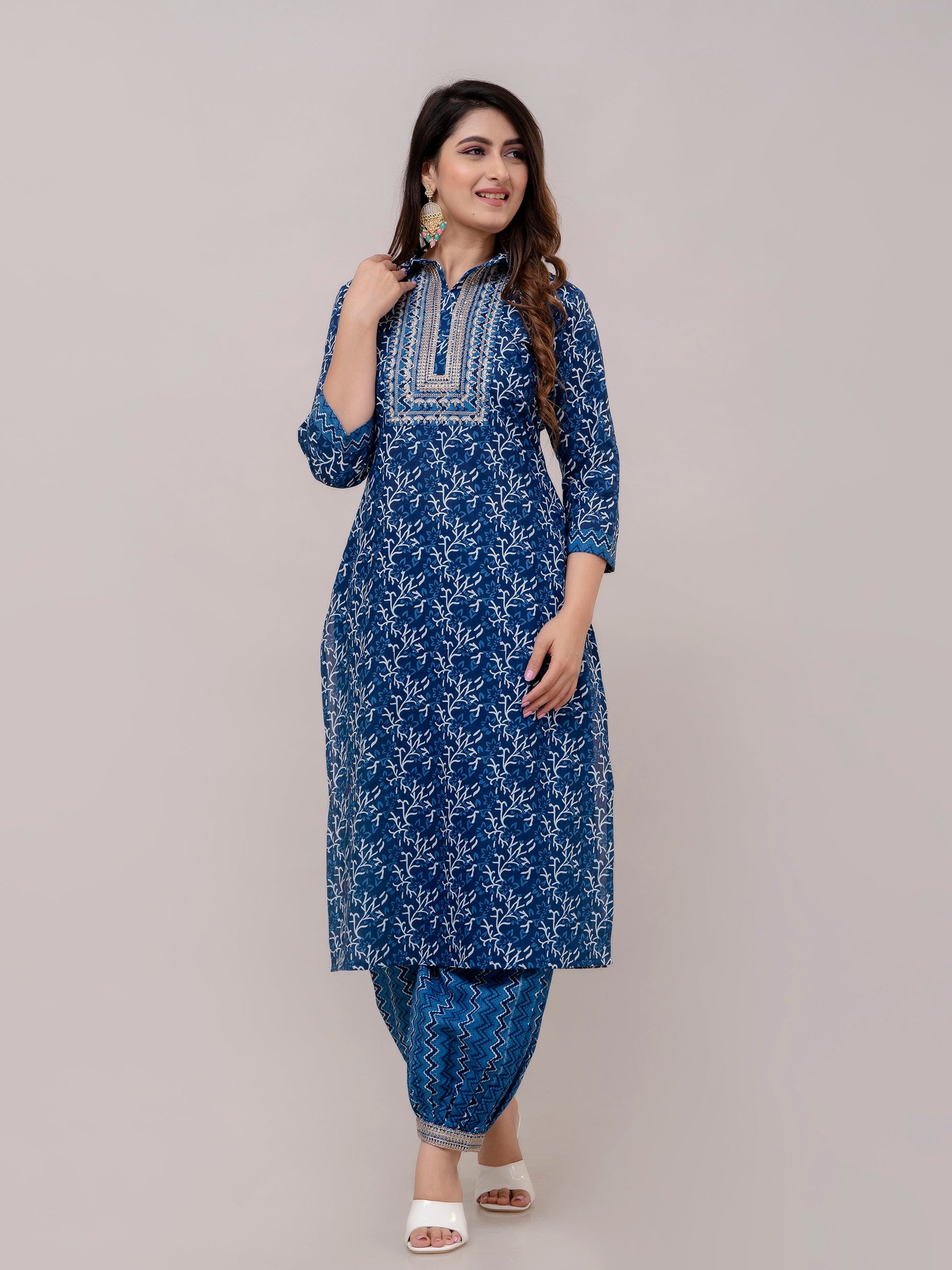 Women Navy Sequinned Yoke Design Kurta with Pyjamas & Dupatta