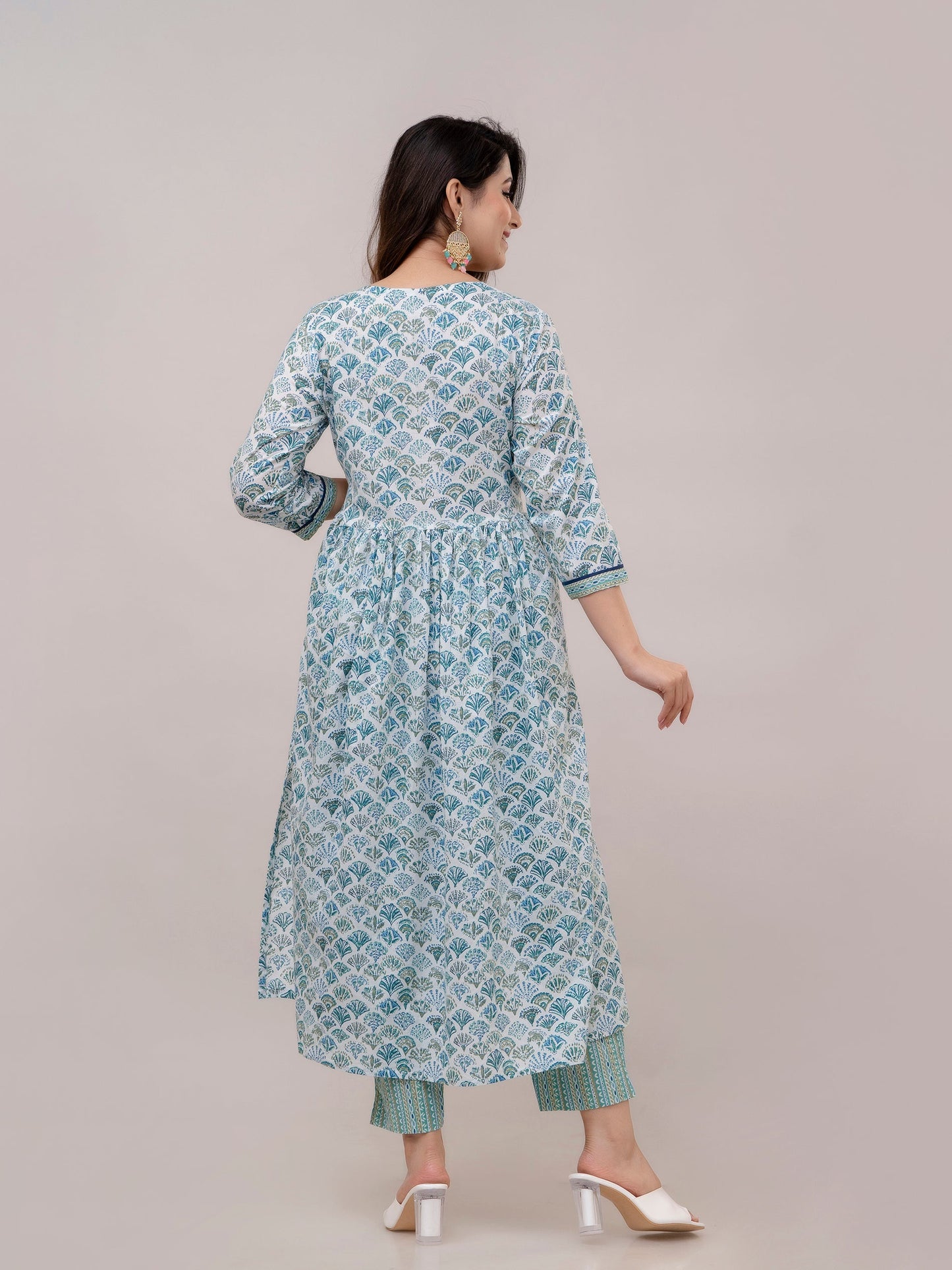 Teal Blue Floral Print with Yoke Design Anarkali Kurta with Trousers & Dupatta