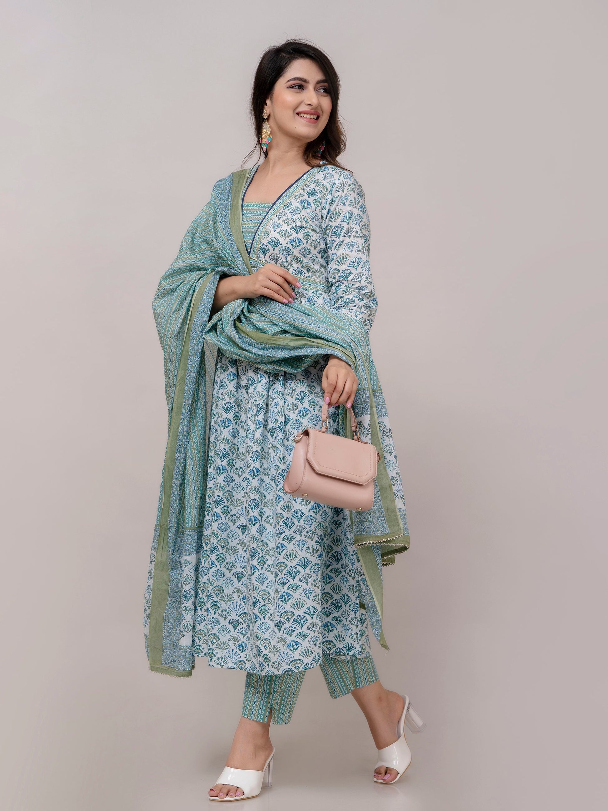 Teal Blue Floral Print with Yoke Design Anarkali Kurta with Trousers & Dupatta