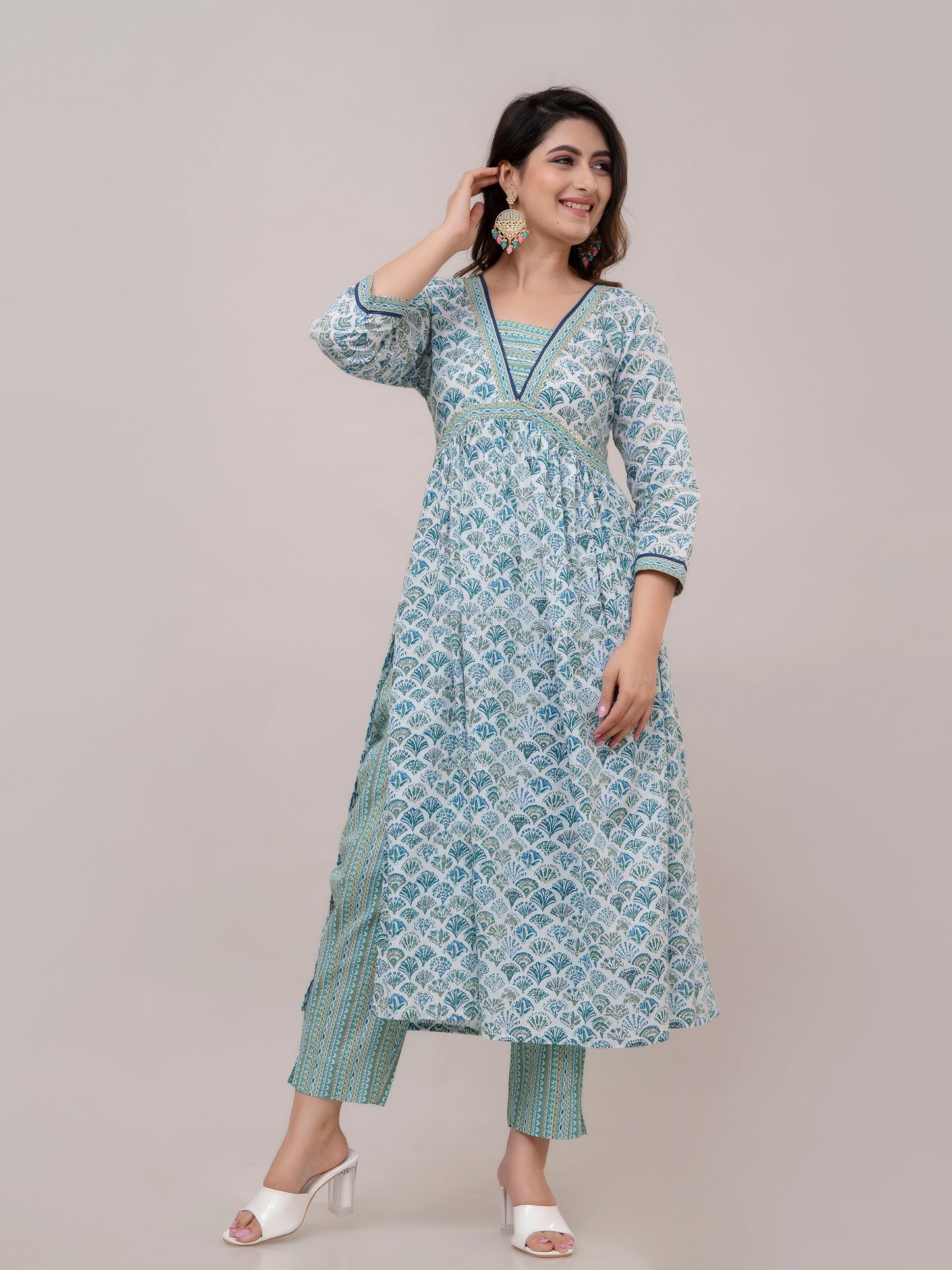 Teal Blue Floral Print with Yoke Design Anarkali Kurta with Trousers & Dupatta