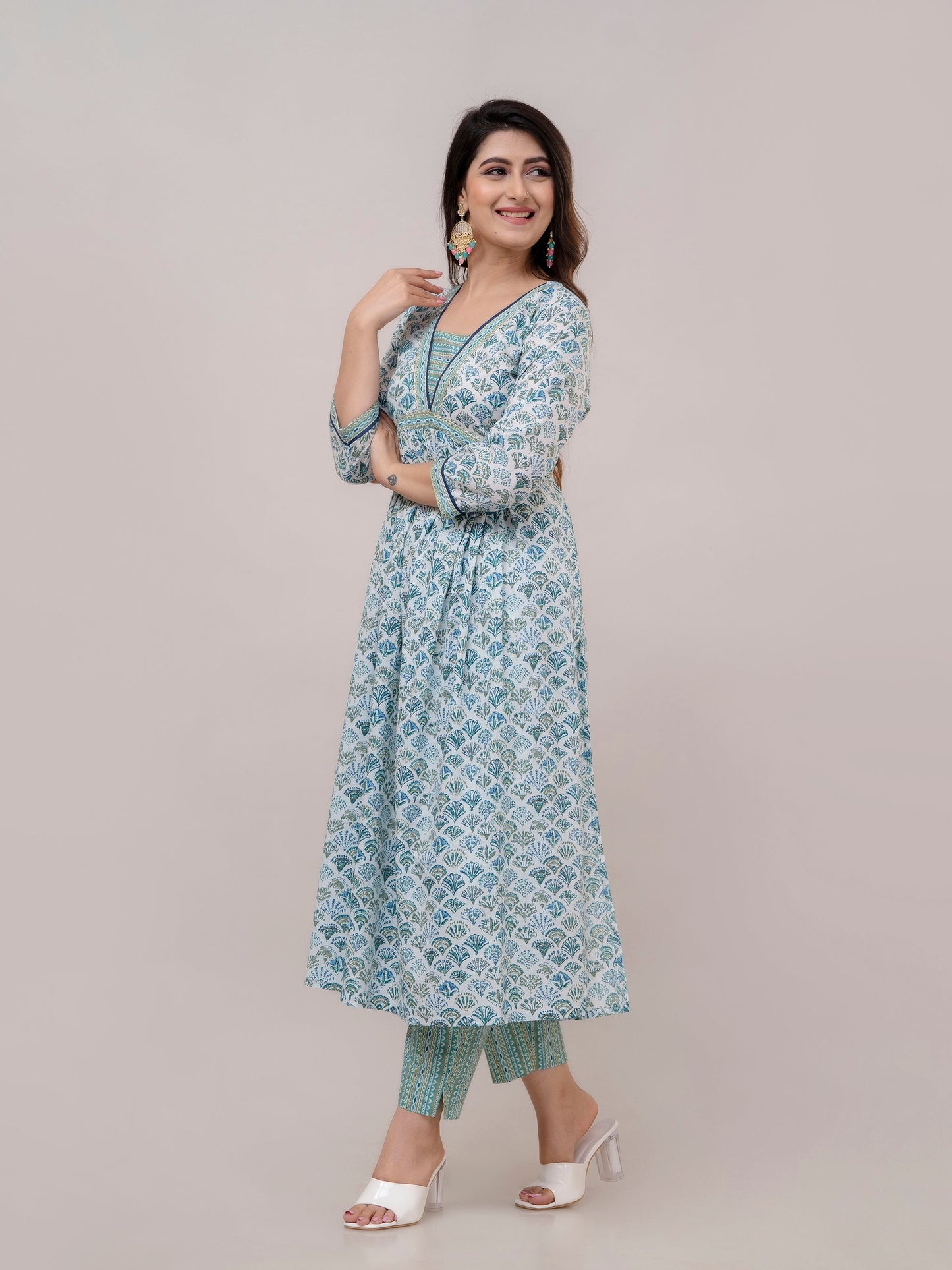 Teal Blue Floral Print with Yoke Design Anarkali Kurta with Trousers & Dupatta