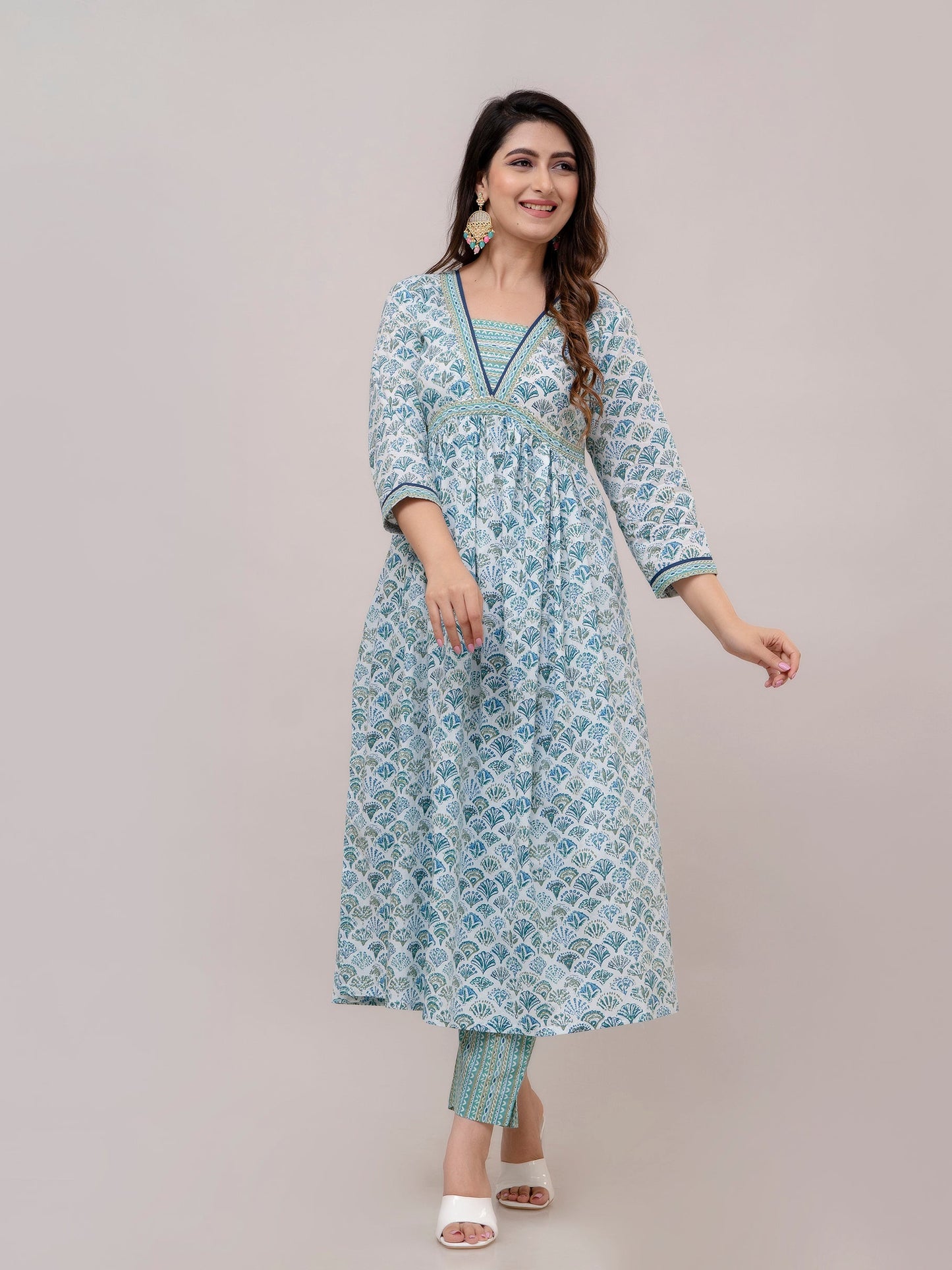 Teal Blue Floral Print with Yoke Design Anarkali Kurta with Trousers & Dupatta