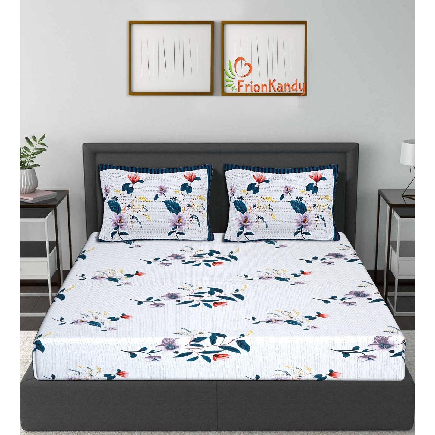 Blue Majestic Floral Print 240 TC Cotton Double Bed Sheet With 2 Pillow Covers (SHKV1016) - Frionkandy