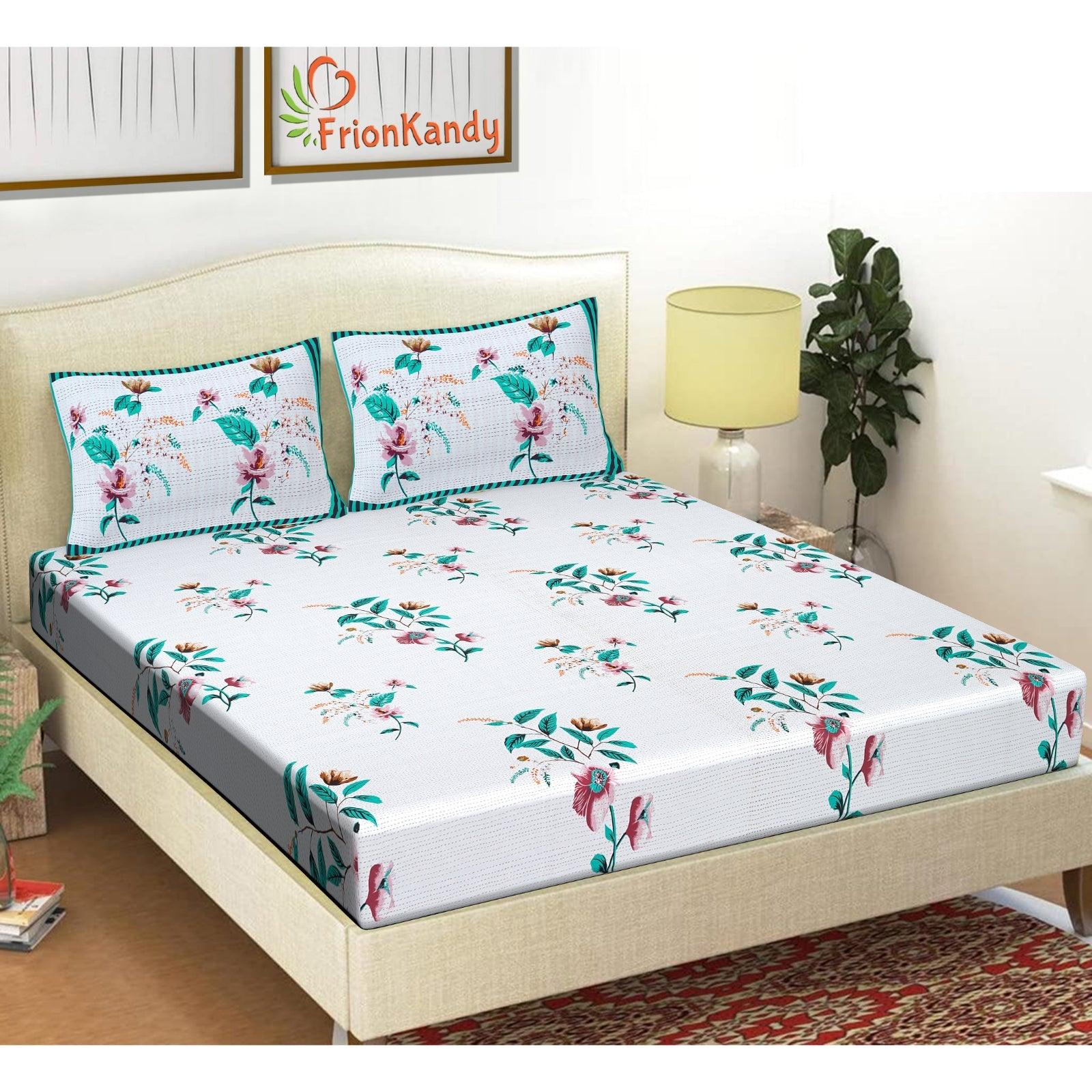 Sea Green Majestic Floral Print 240 TC Cotton Double Bed Sheet With 2 Pillow Covers (SHKV1028) - Frionkandy