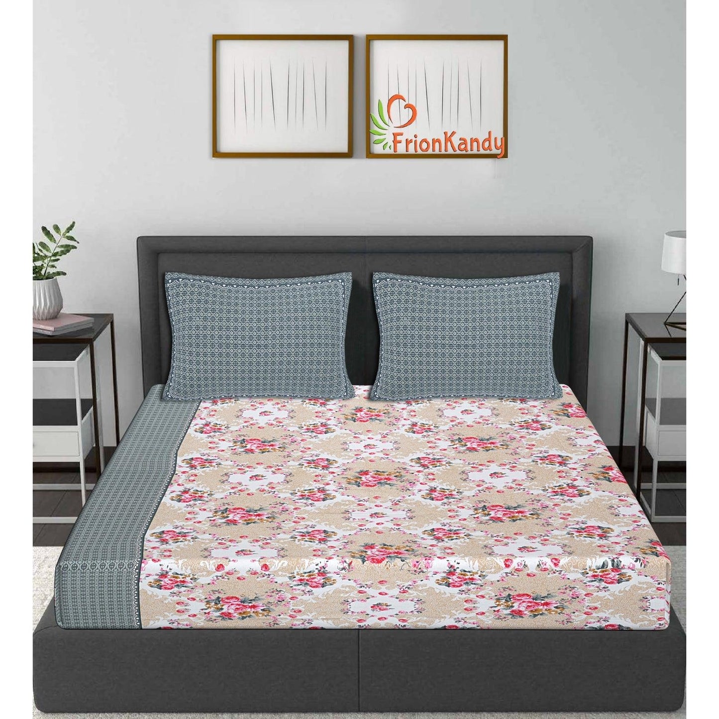 Grey Majestic Floral Print 240 TC Cotton Double Bed Sheet With 2 Pillow Covers (SHKV1030) - Frionkandy