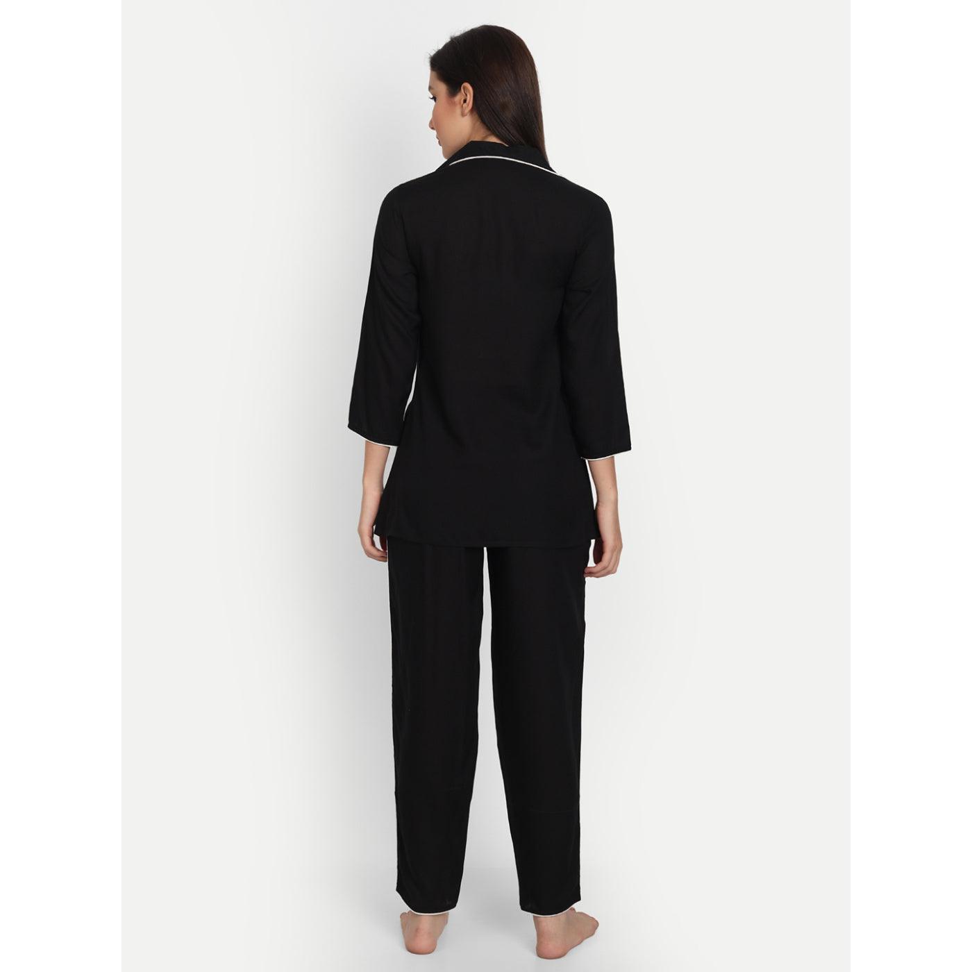 Women Black Rayon Solid Night Suit (SHKY1001) - Frionkandy