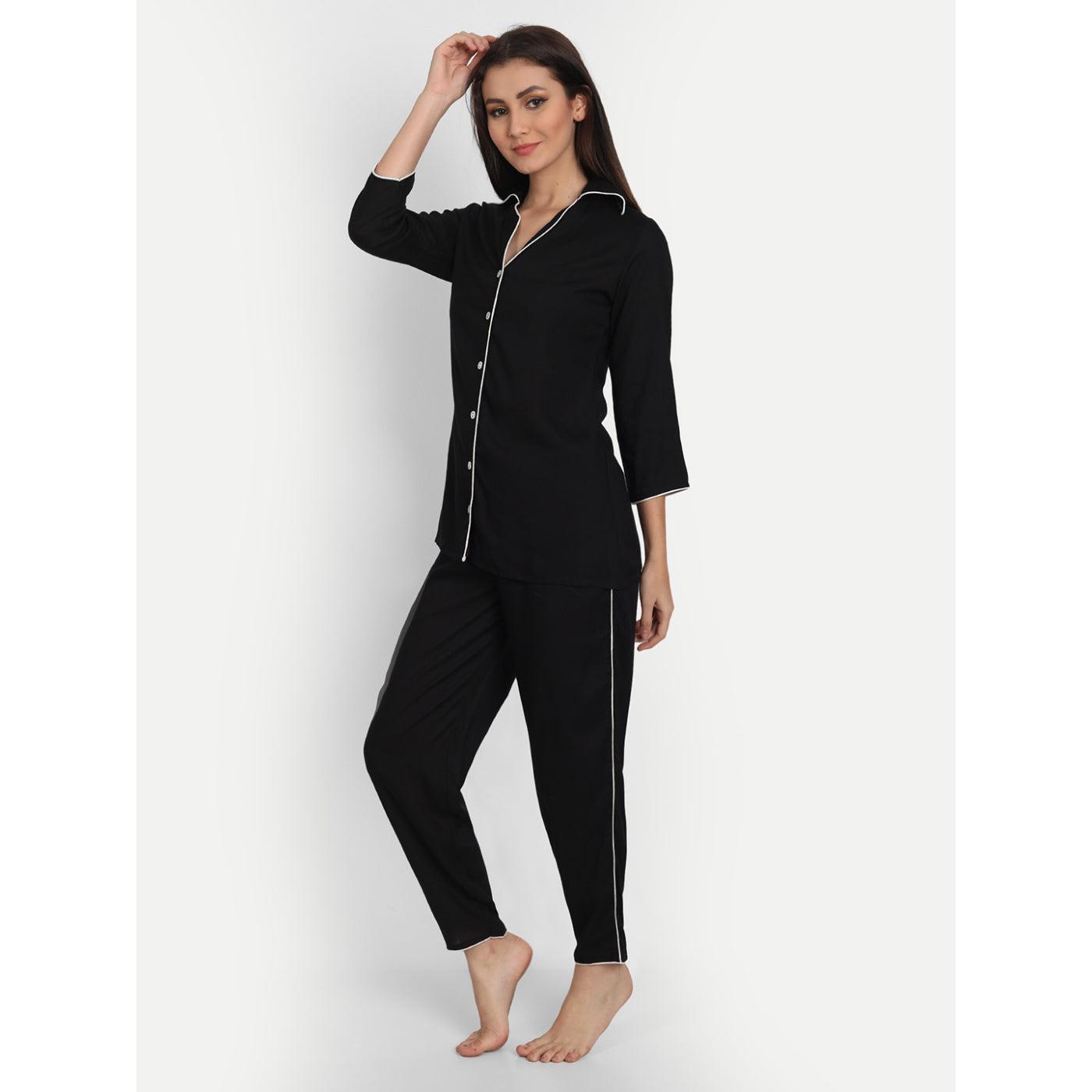 Women Black Rayon Solid Night Suit (SHKY1001) - Frionkandy