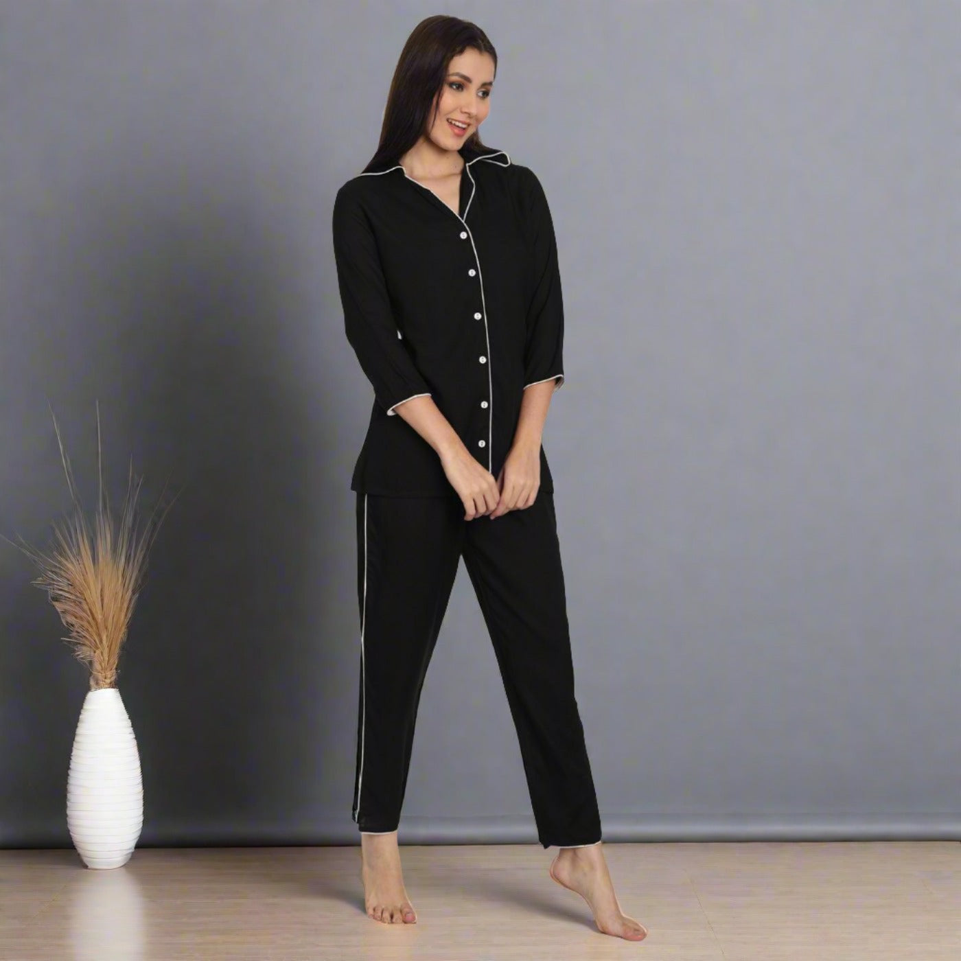 Women Black Rayon Solid Night Suit (SHKY1001) - Frionkandy