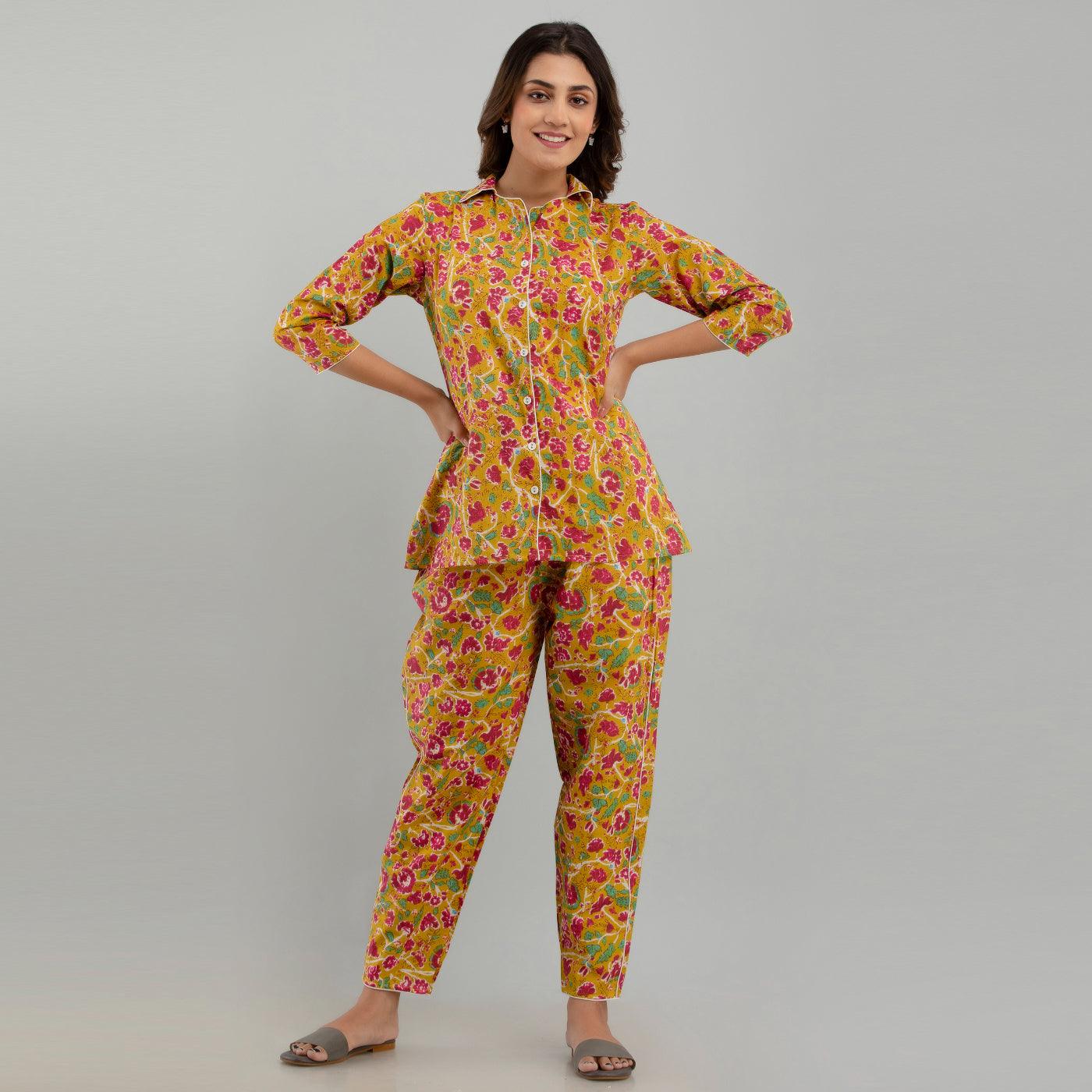 Women Mustard Cotton Floral Print Night Suit (SHKY1002) - Frionkandy