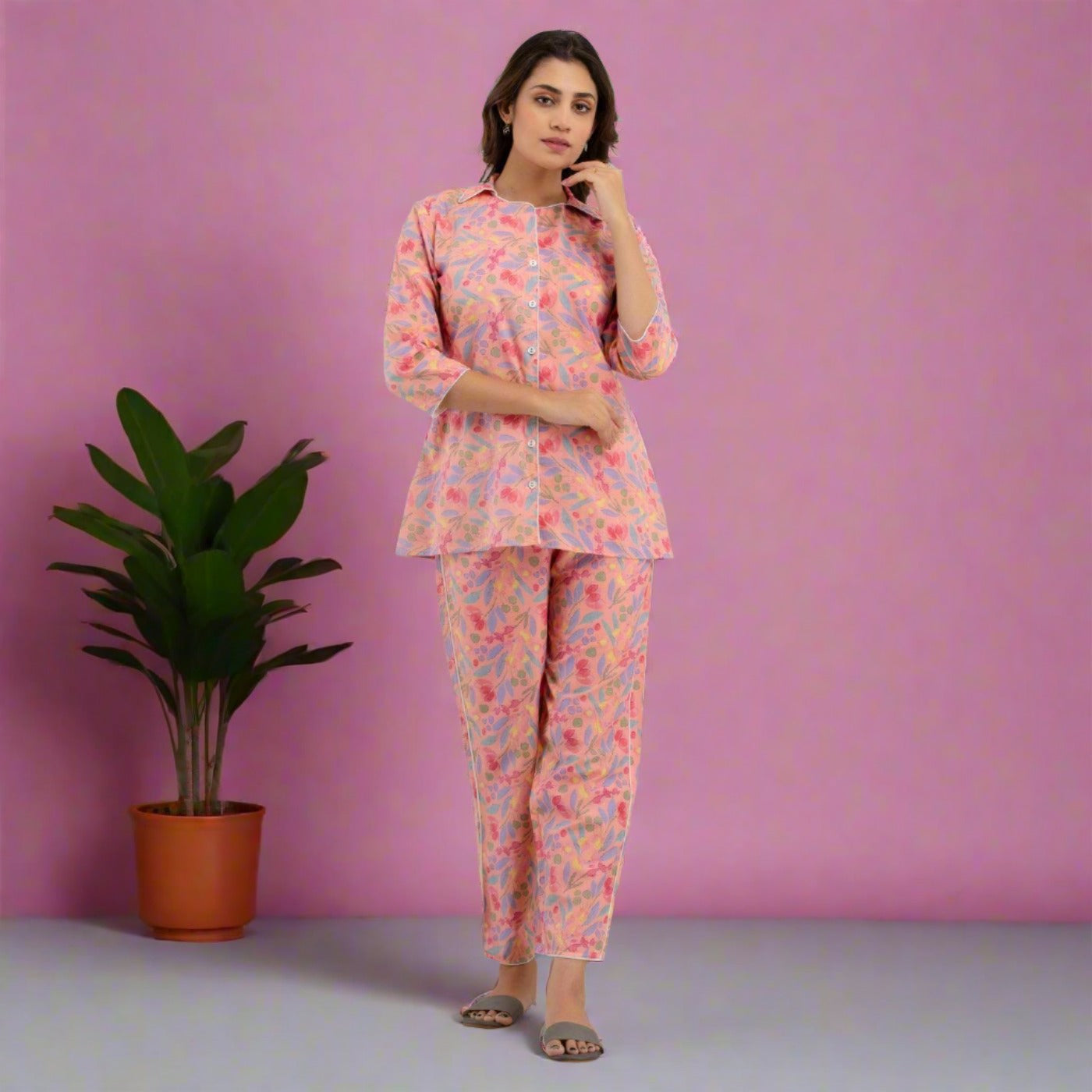 Women Pink Cotton Floral Print Night Suit (SHKY1004) - Frionkandy