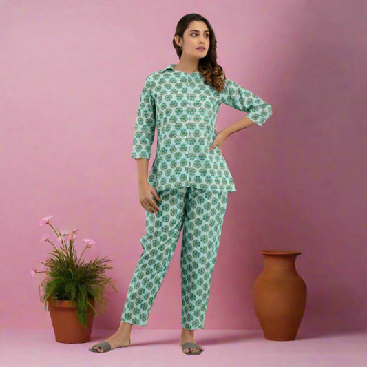 Women Sea Green Cotton Floral Print Night Suit (SHKY1004) - Frionkandy