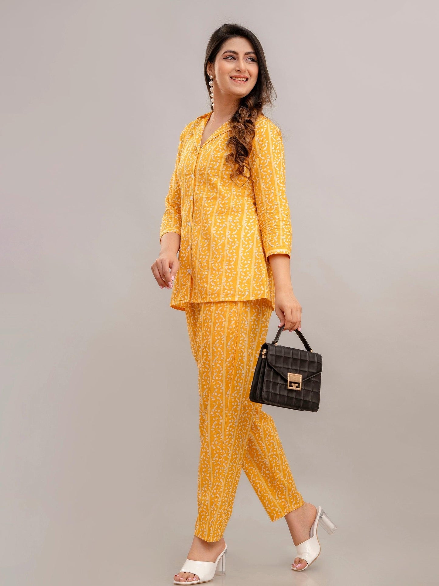 Women Yellow Printed Co-ord Set - Frionkandy