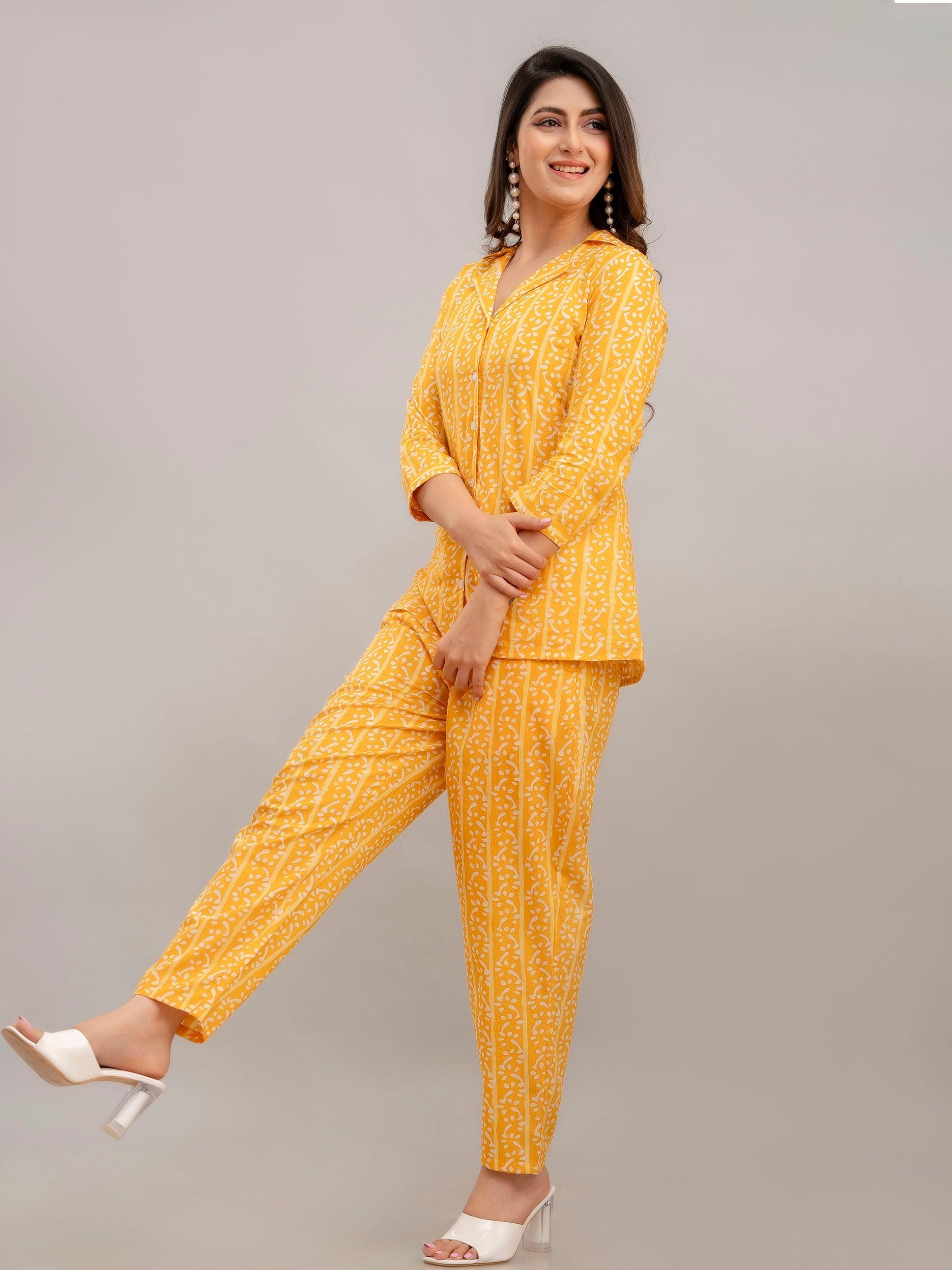 Women Yellow Printed Co-ord Set - Frionkandy