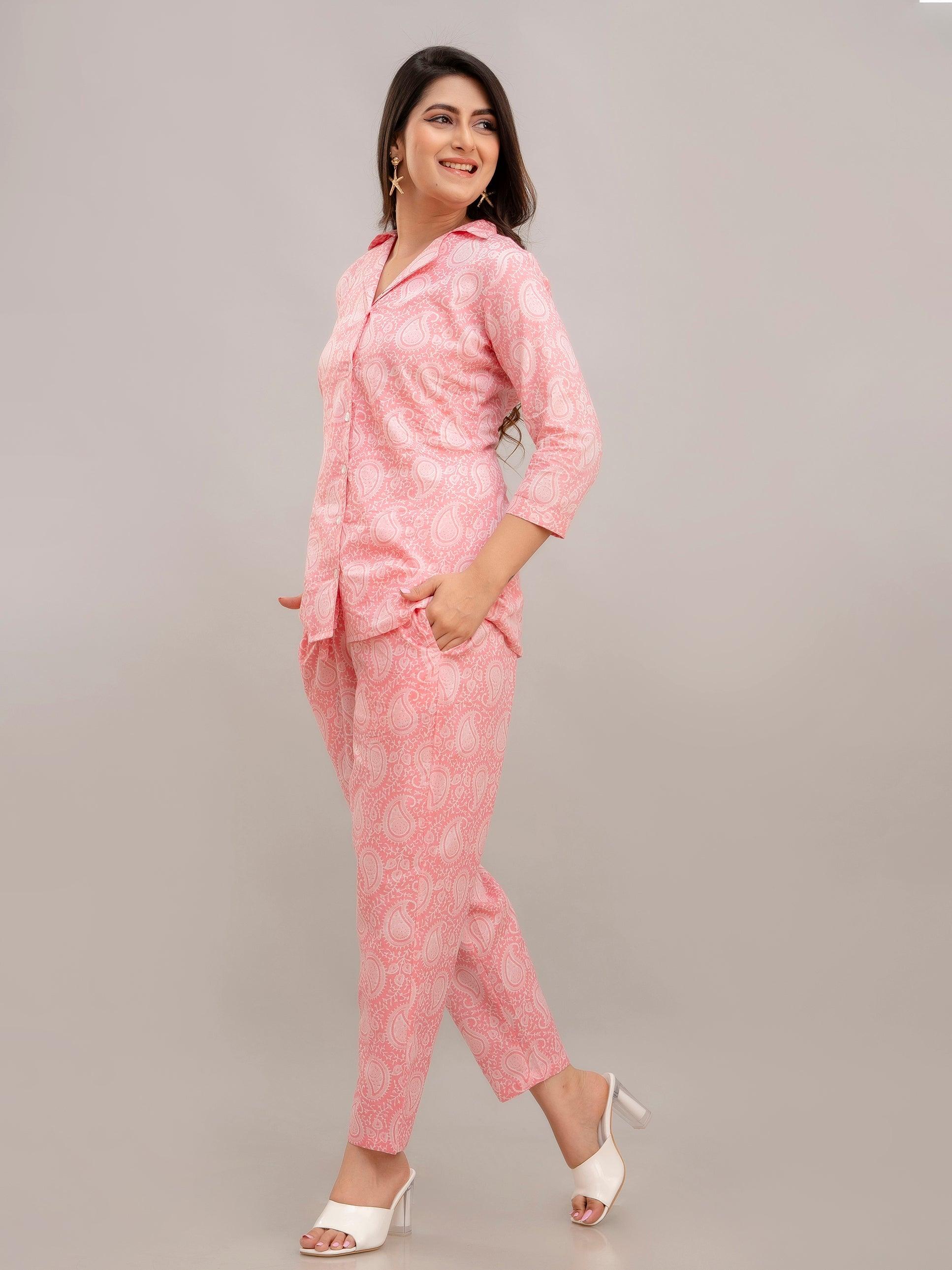 Women Baby Pink Printed Co-ord Set - Frionkandy