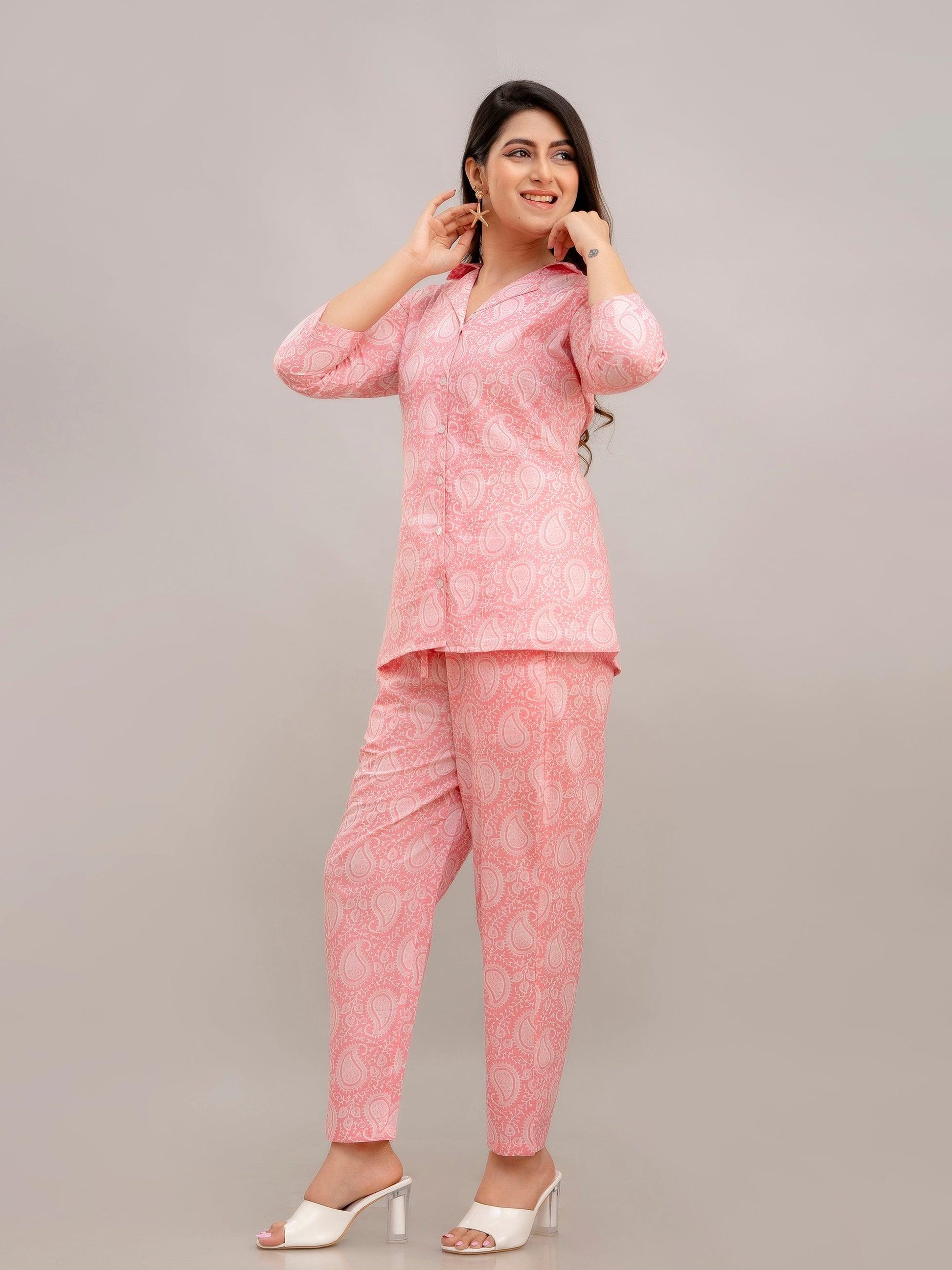 Women Baby Pink Printed Co-ord Set - Frionkandy