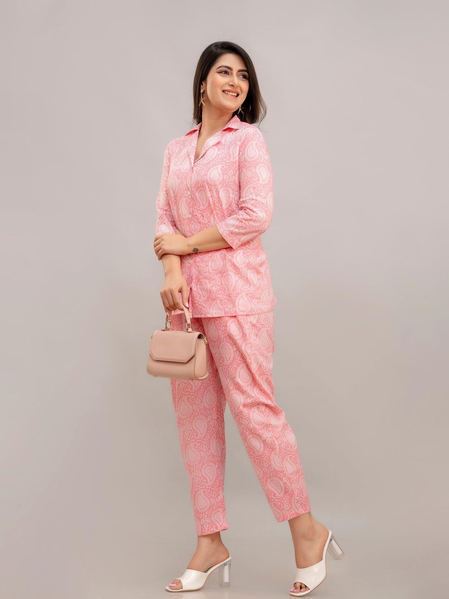 Women Baby Pink Printed Co-ord Set - Frionkandy