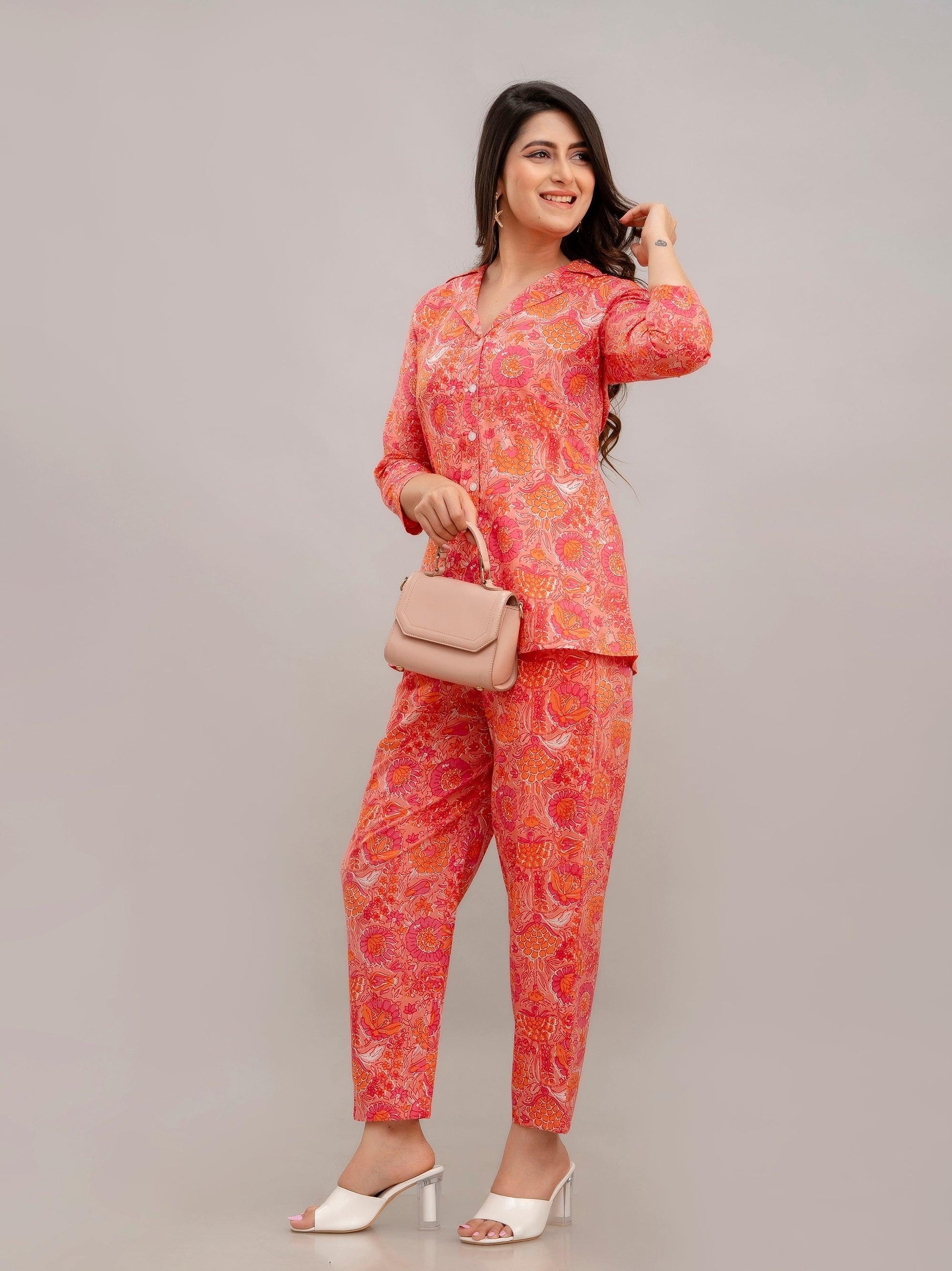 Women Peach Printed Co-ord Set - Frionkandy