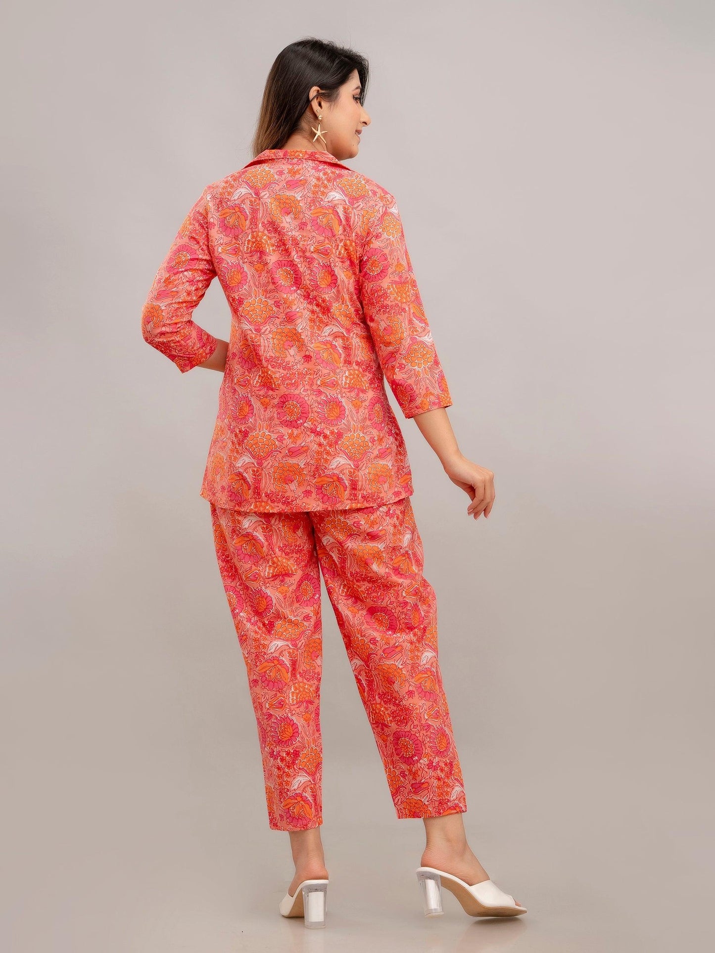 Women Peach Printed Co-ord Set - Frionkandy