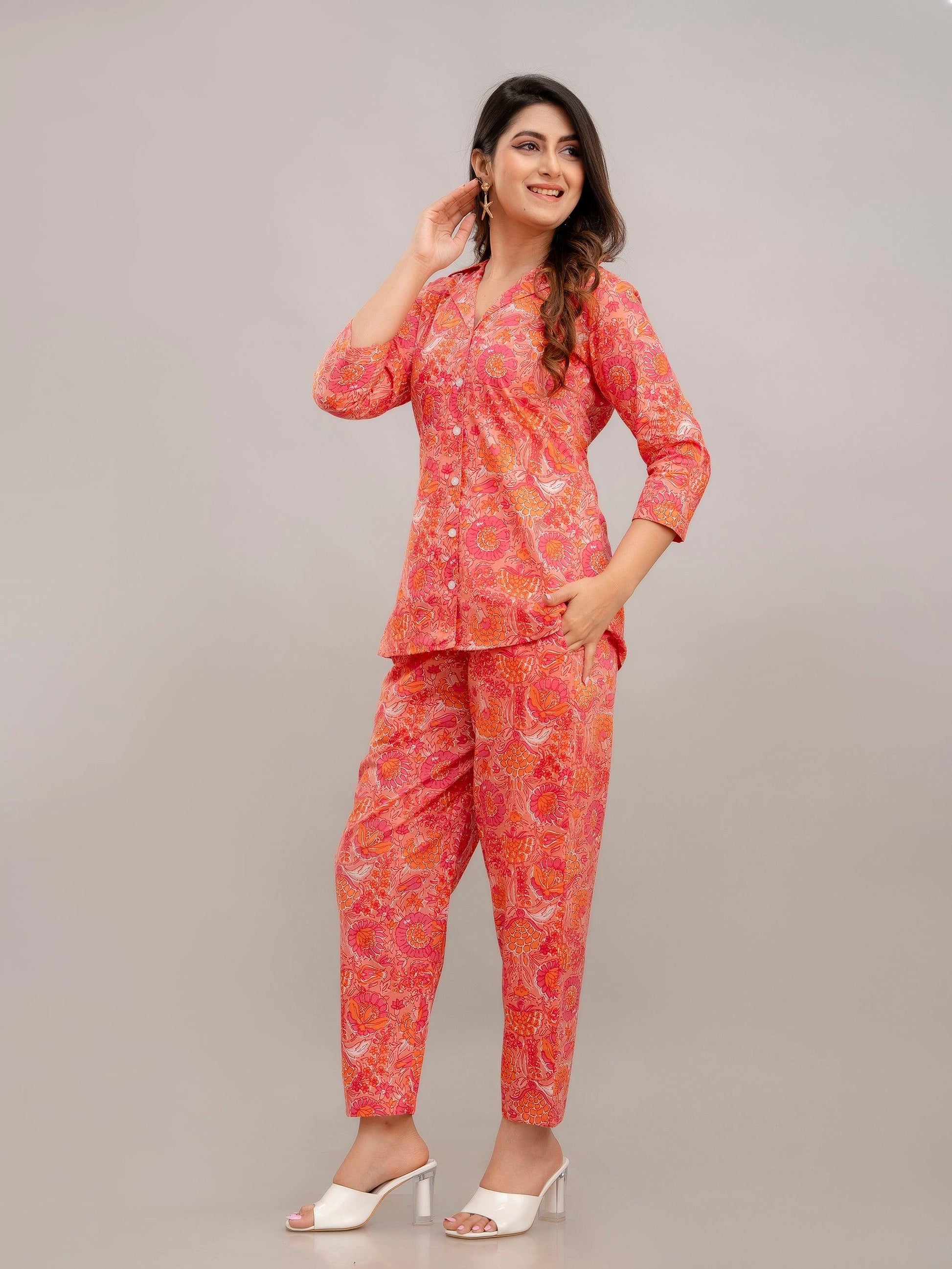 Women Peach Printed Co-ord Set - Frionkandy