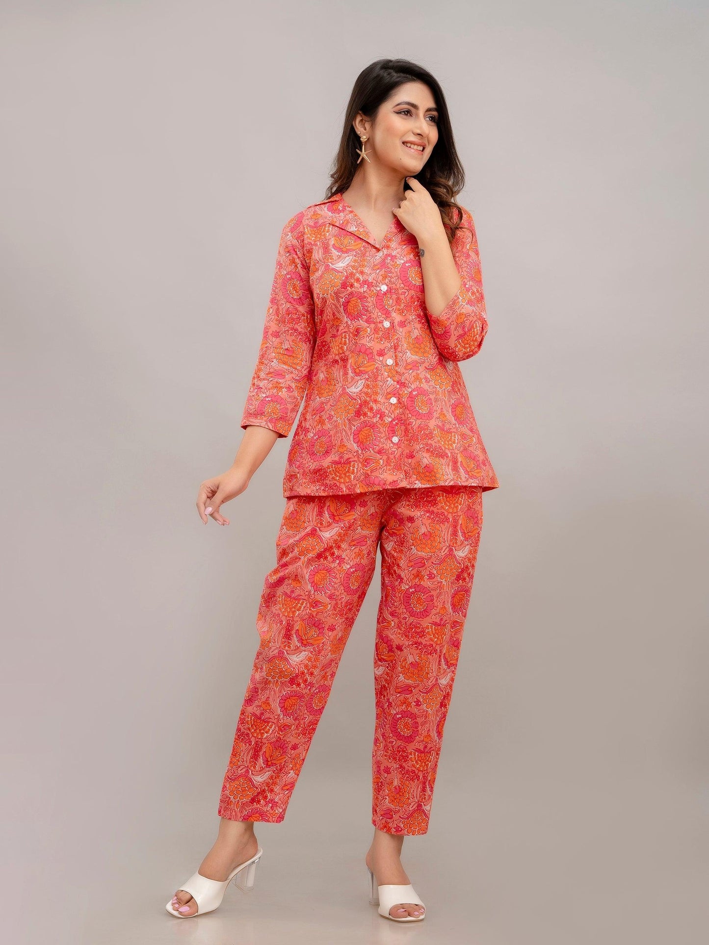 Women Peach Printed Co-ord Set - Frionkandy