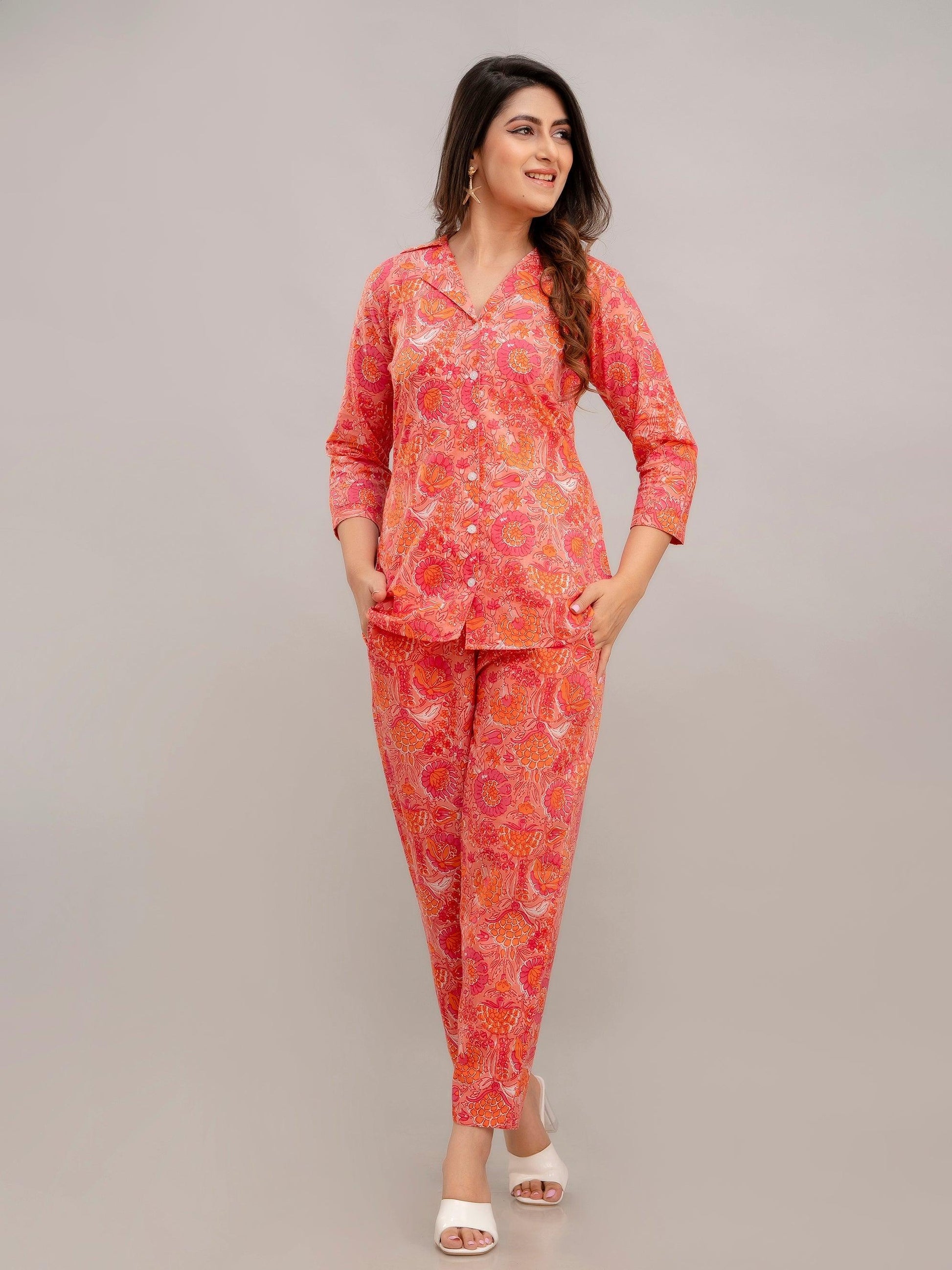 Women Peach Printed Co-ord Set - Frionkandy