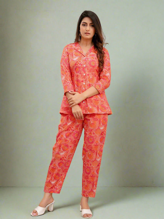 Women Peach Printed Co-ord Set - Frionkandy