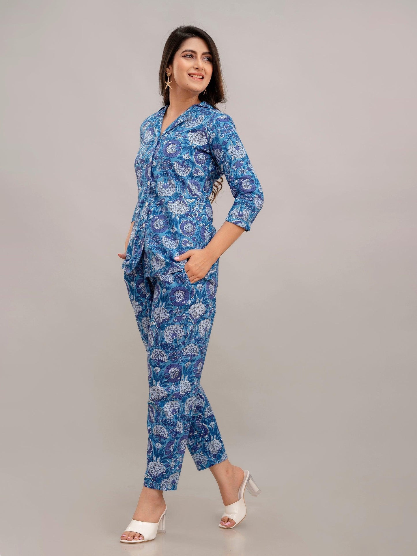 Women Celtic Blue Printed Co-ord Set - Frionkandy