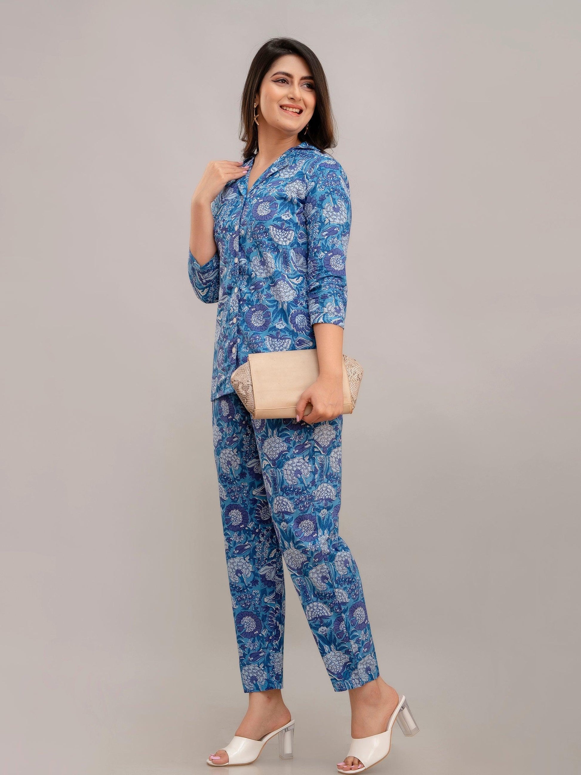 Women Celtic Blue Printed Co-ord Set - Frionkandy