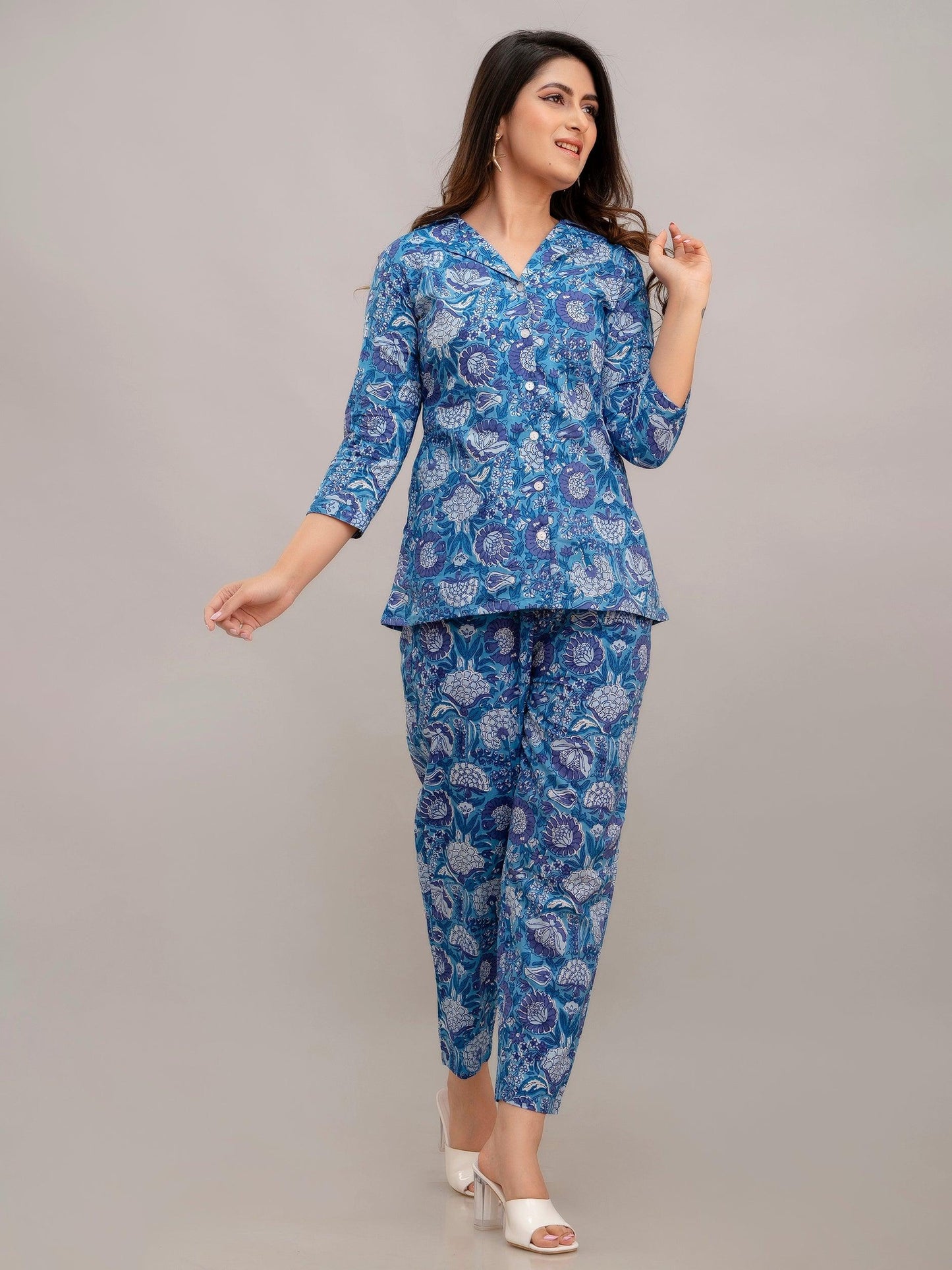 Women Celtic Blue Printed Co-ord Set - Frionkandy