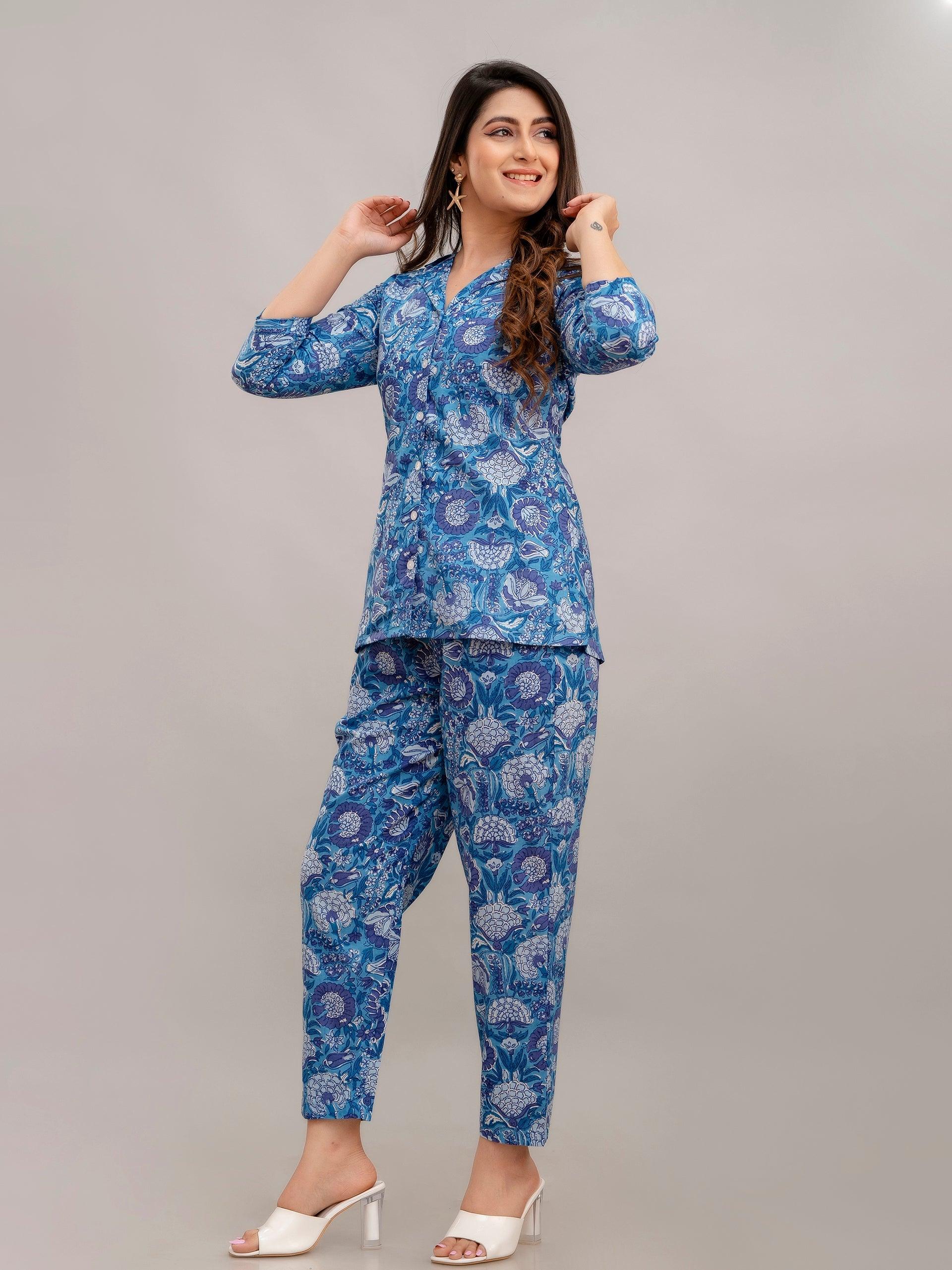 Women Celtic Blue Printed Co-ord Set - Frionkandy