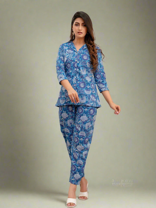 Women Celtic Blue Printed Co-ord Set - Frionkandy