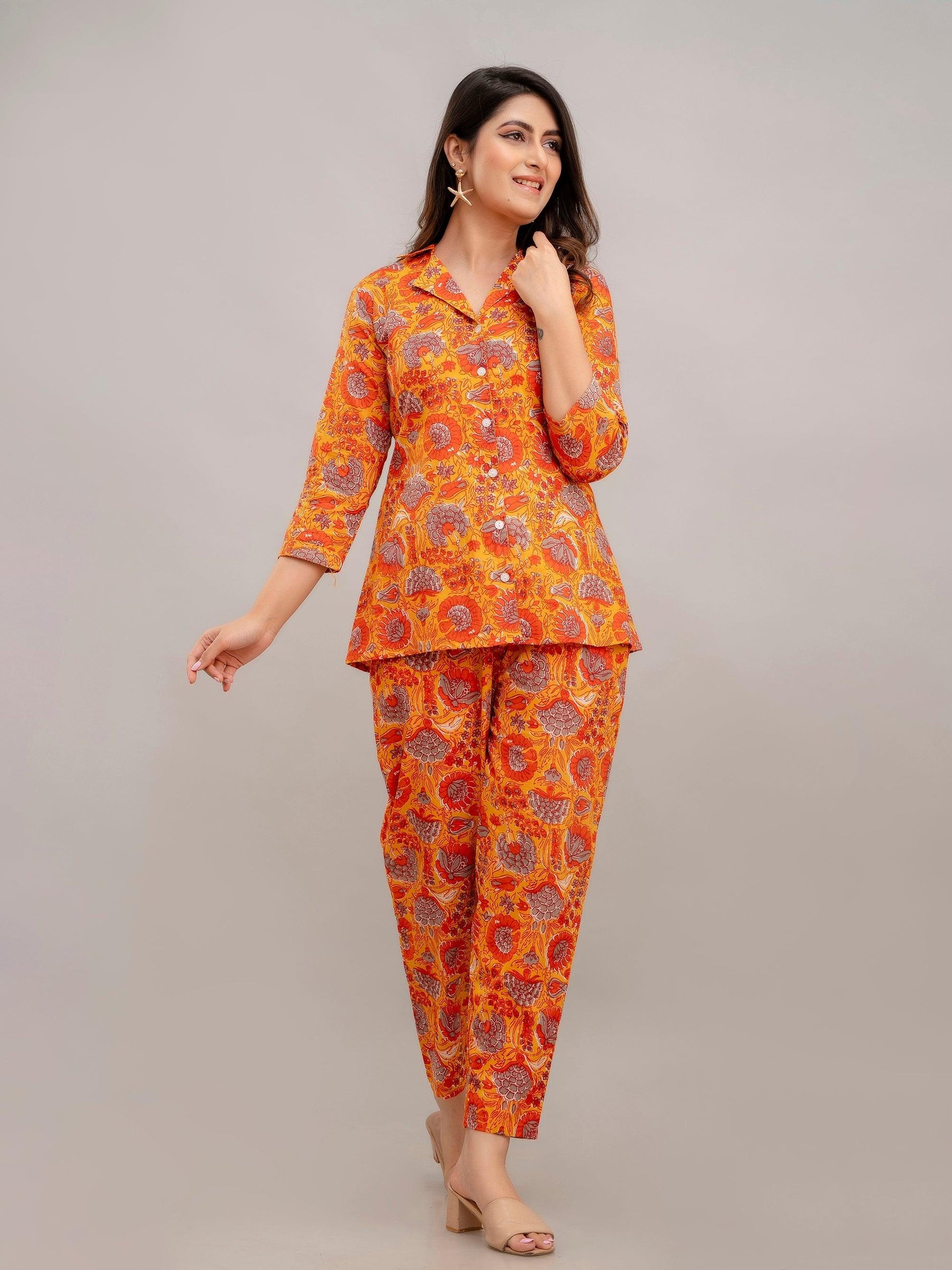 Women Deep Orange Printed Co-ord Set - Frionkandy