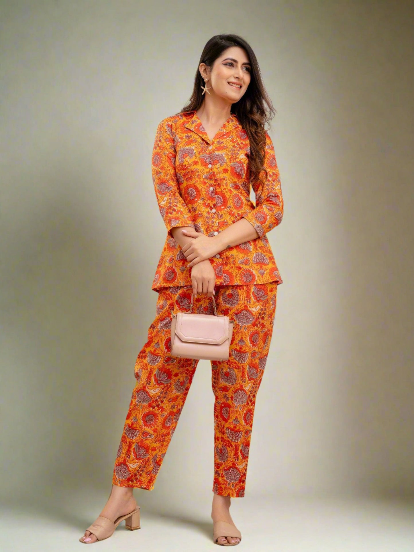 Women Deep Orange Printed Co-ord Set - Frionkandy