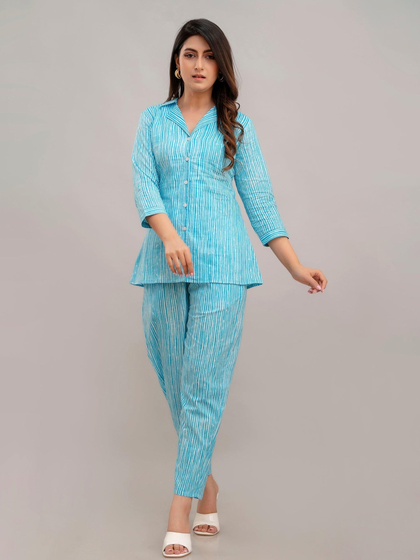 Women Baby Blue Printed Co-ord Set - Frionkandy