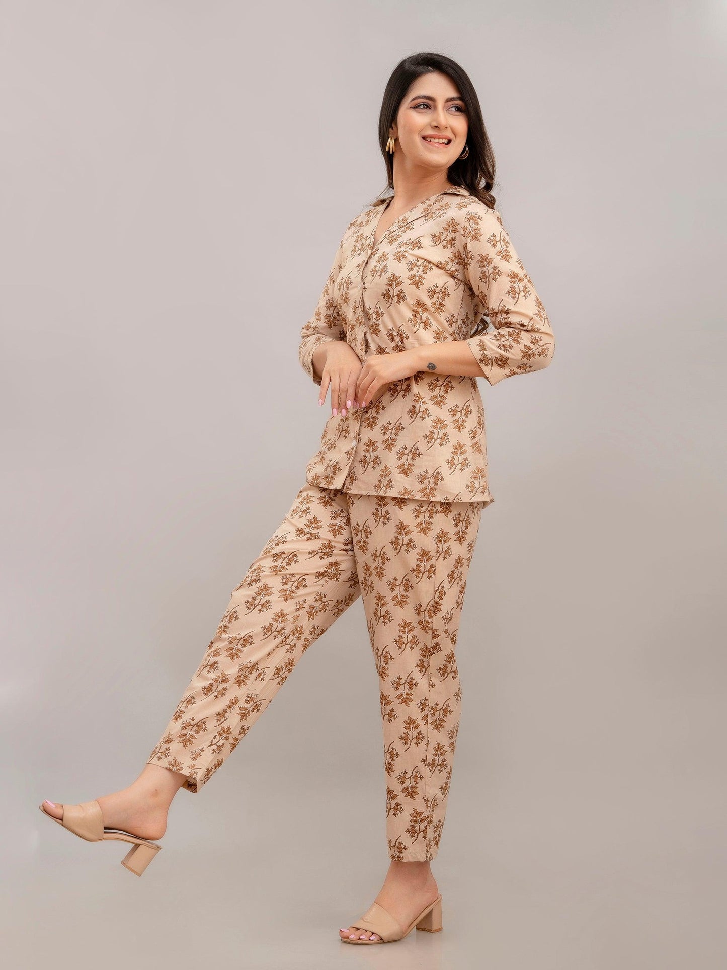 Women Light Fawn Printed Co-ord Set - Frionkandy