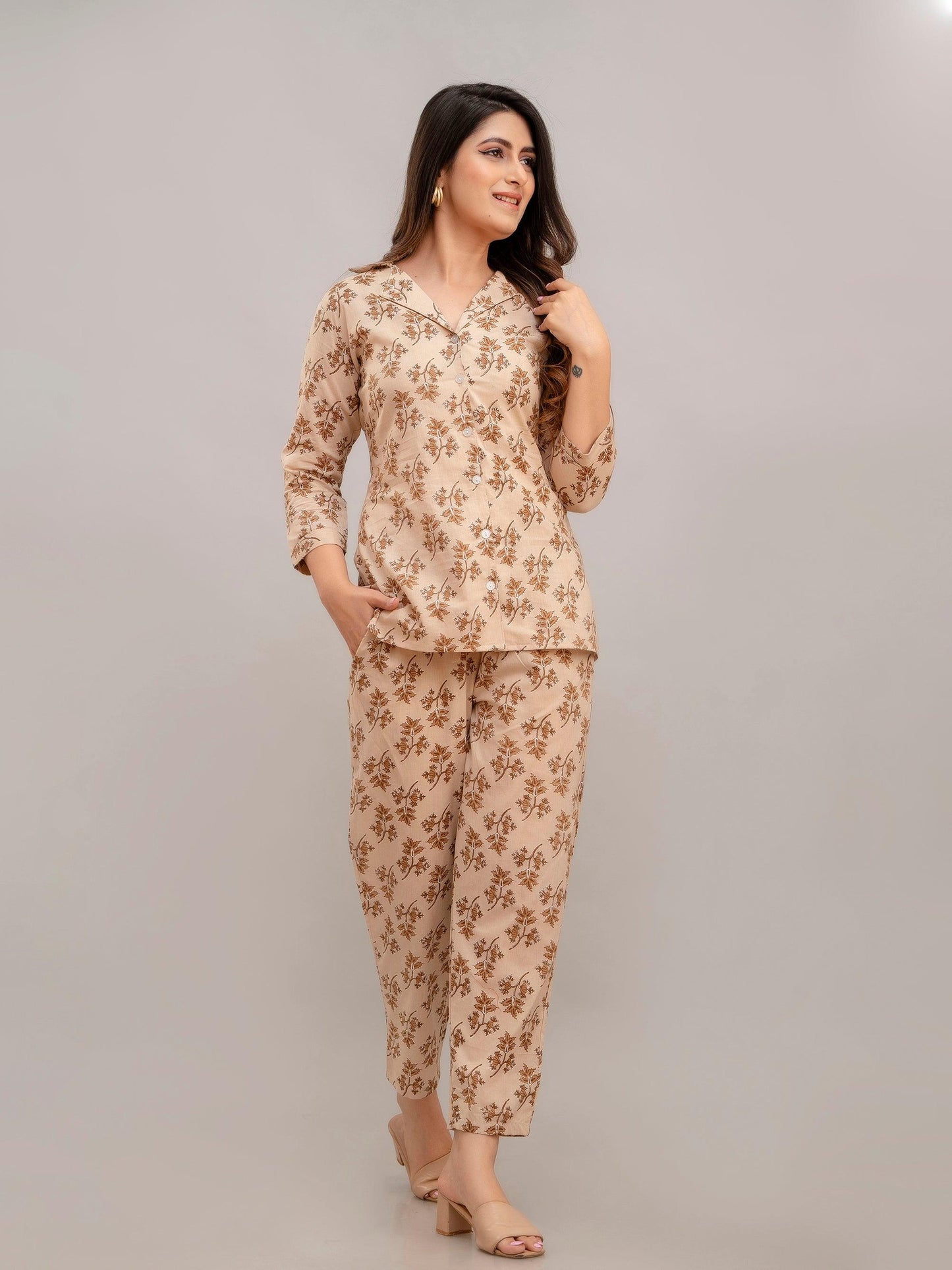 Women Light Fawn Printed Co-ord Set - Frionkandy