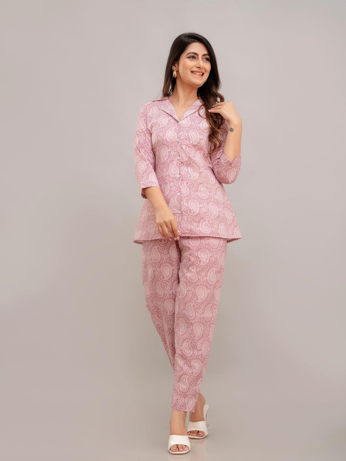 Women Lemonade Pink Printed Co-ord Set - Frionkandy