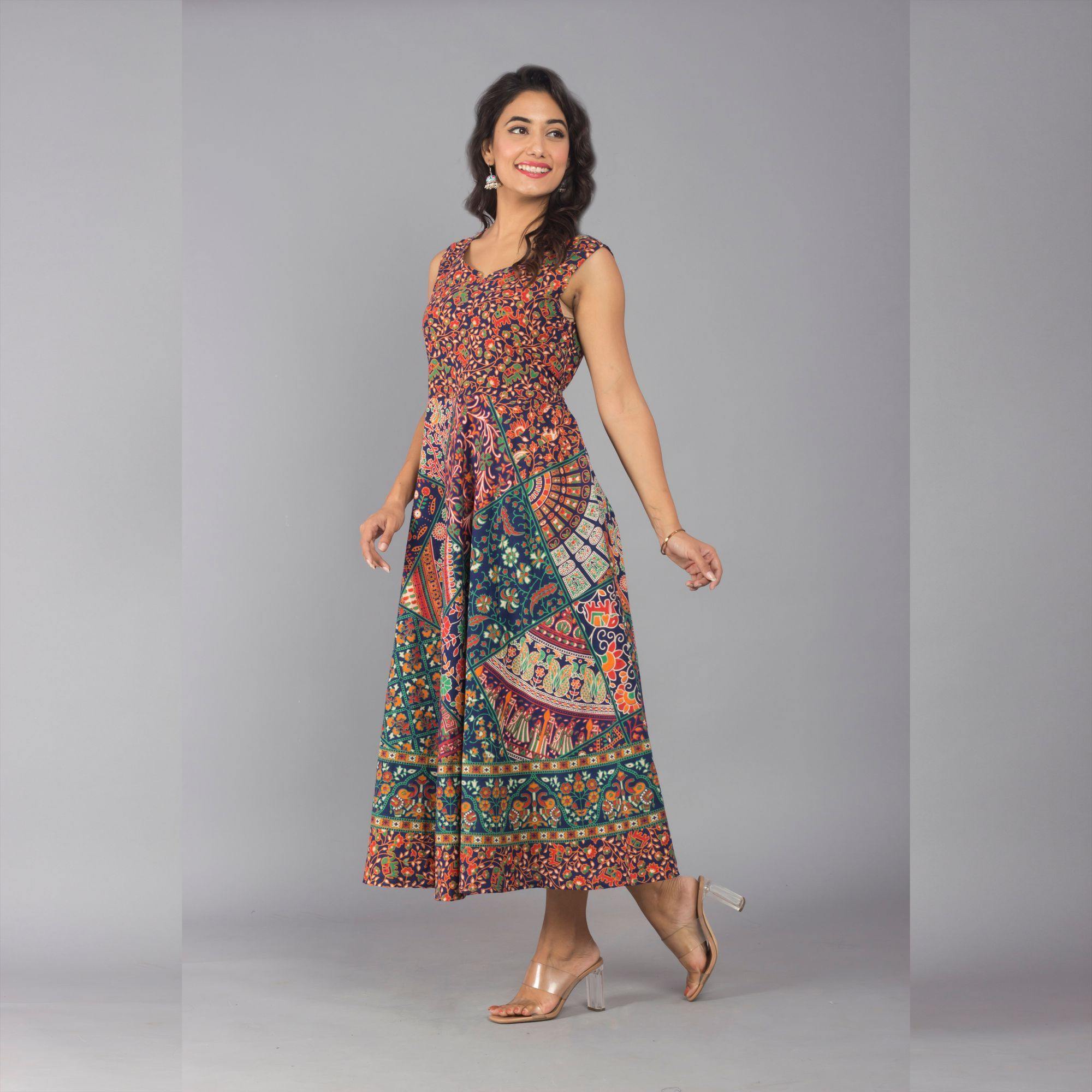 Buy ADITYA IMPEX Women's Jaipuri Printed Cotton Rajasthani Traditional Maxi  Long Dress (Free Size Upto 44-XXL), Brown Multi at Amazon.in